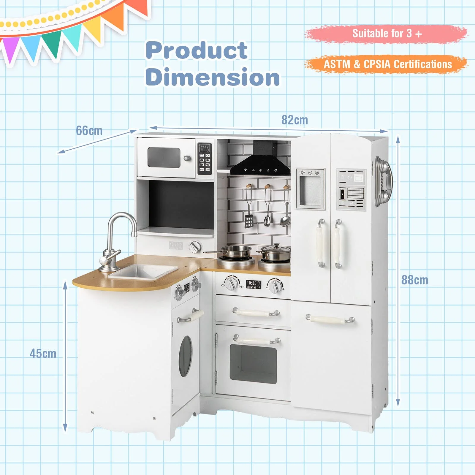 HONEY JOY Kids Corner Kitchen Playset, Wooden Pretend Playset w/Realistic Washing Machine, Microwave Oven - Image 6