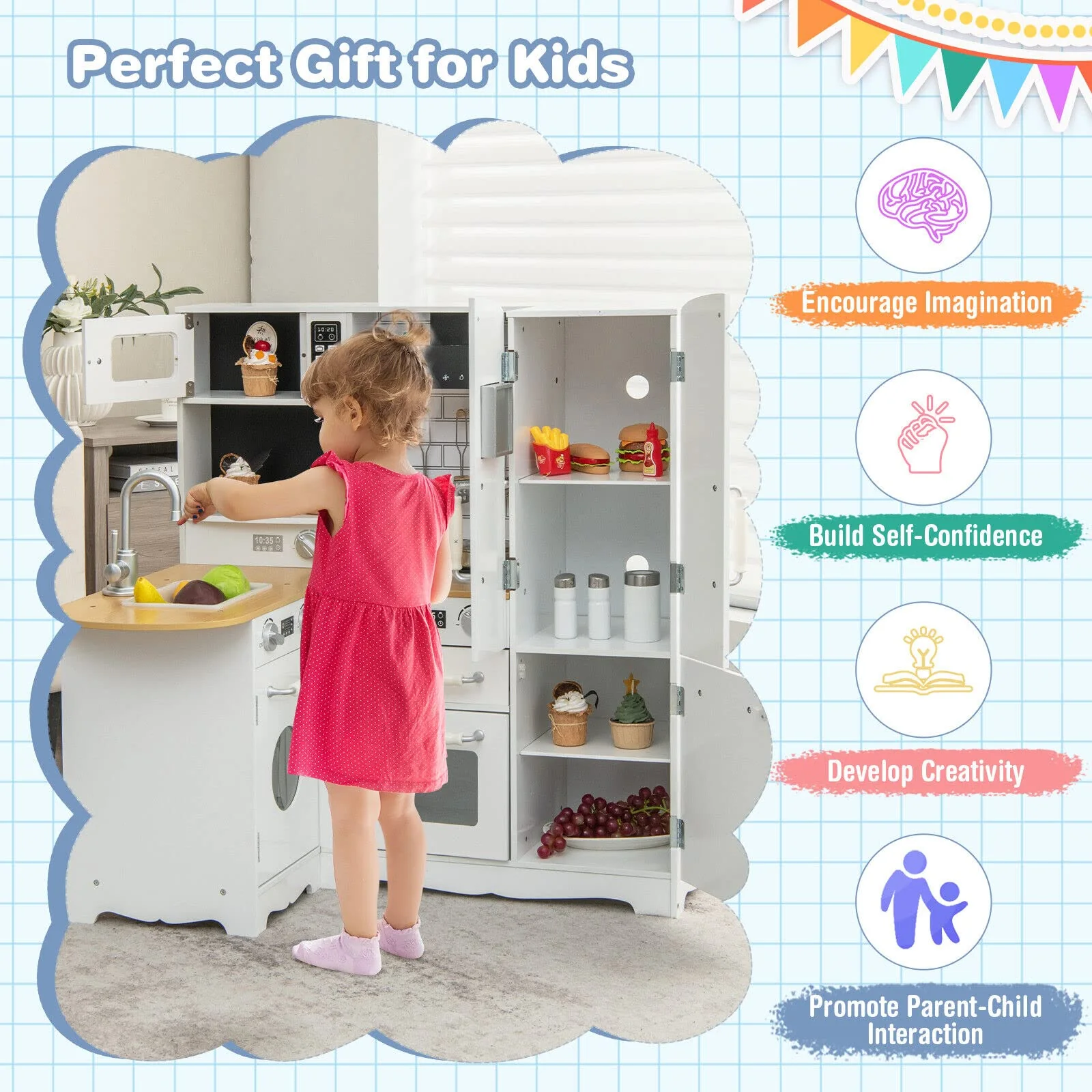 HONEY JOY Kids Corner Kitchen Playset, Wooden Pretend Playset w/Realistic Washing Machine, Microwave Oven - Image 7