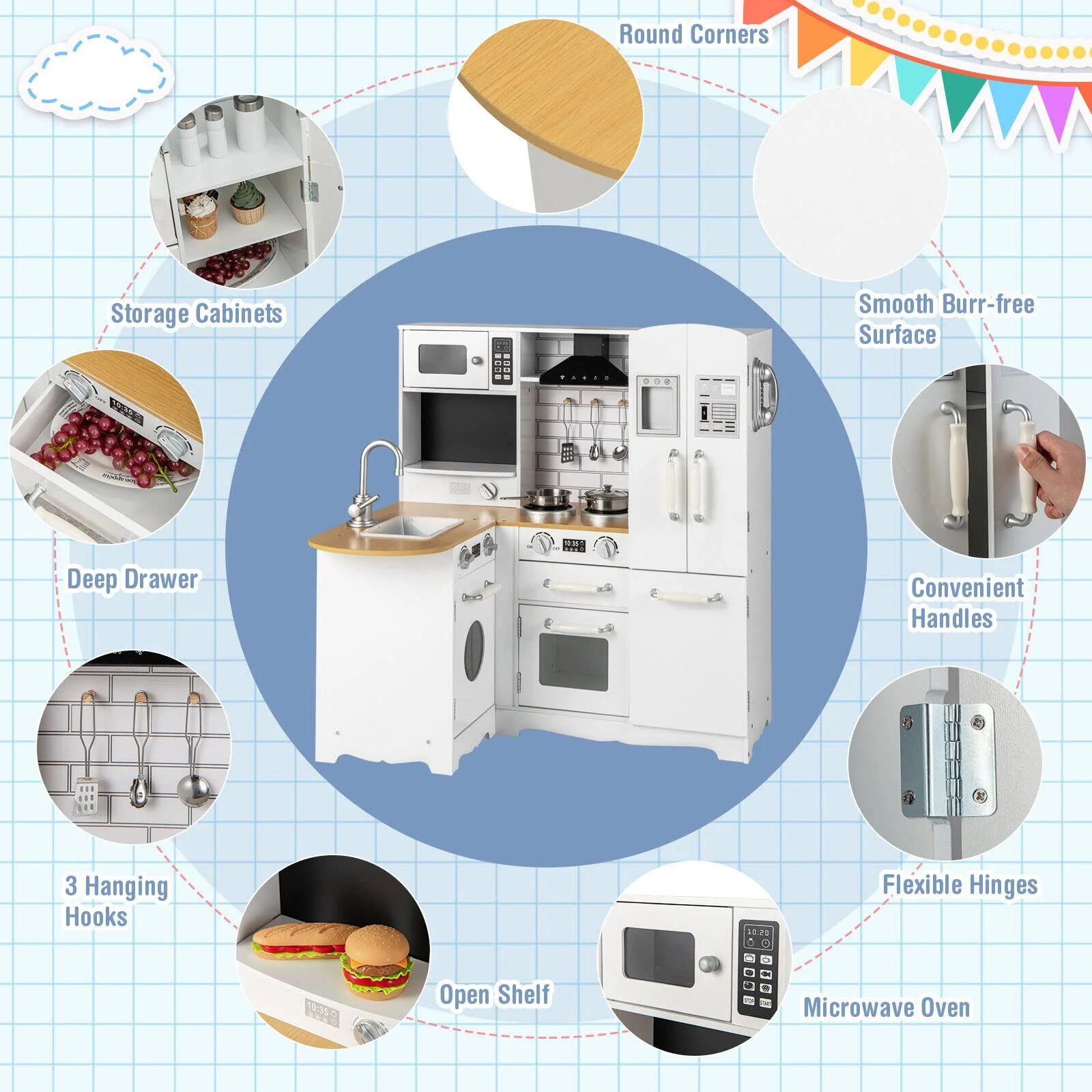 HONEY JOY Kids Corner Kitchen Playset, Wooden Pretend Playset w/Realistic Washing Machine, Microwave Oven - Image 8