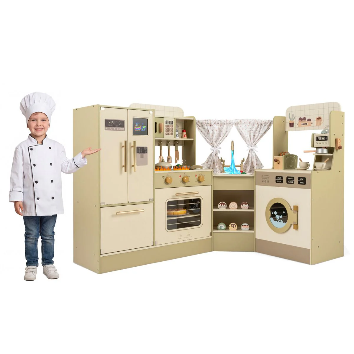 HONEY JOY Kids Corner Play Kitchen, Pretend Play Kitchen Playset
