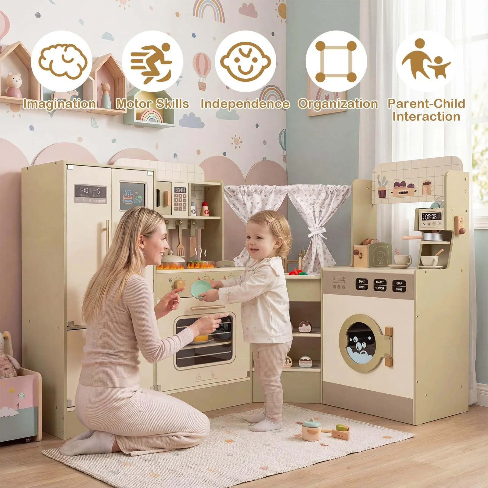 HONEY JOY Kids Corner Play Kitchen, Pretend Play Kitchen Playset - Image 10