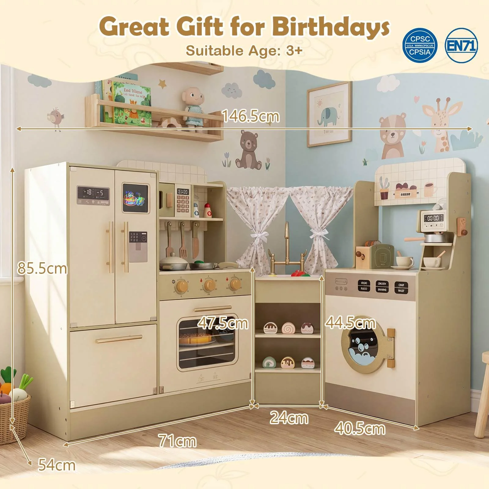 HONEY JOY Kids Corner Play Kitchen, Pretend Play Kitchen Playset - Image 3