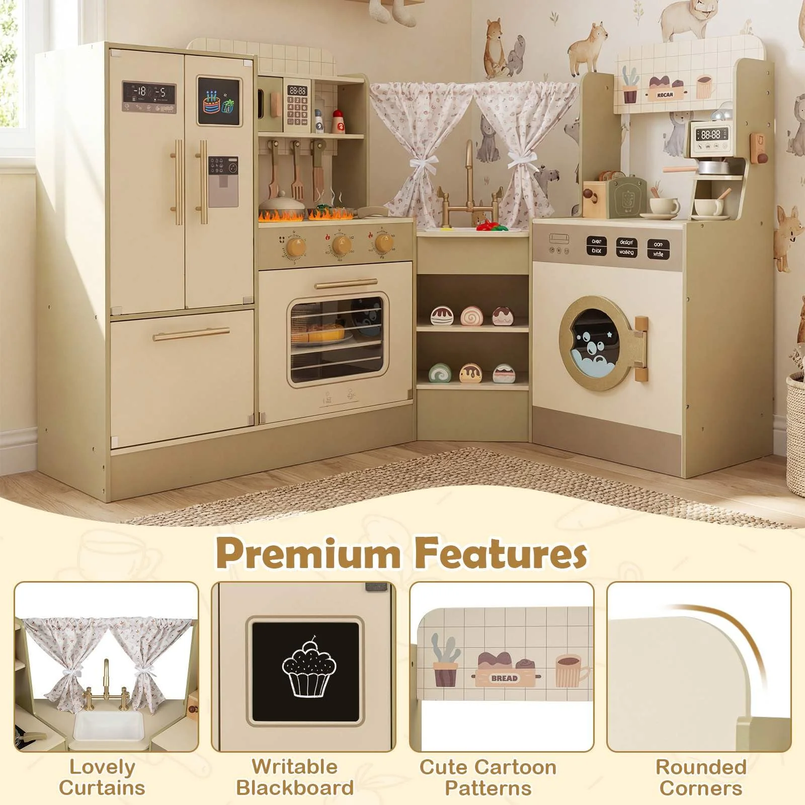 HONEY JOY Kids Corner Play Kitchen, Pretend Play Kitchen Playset - Image 8