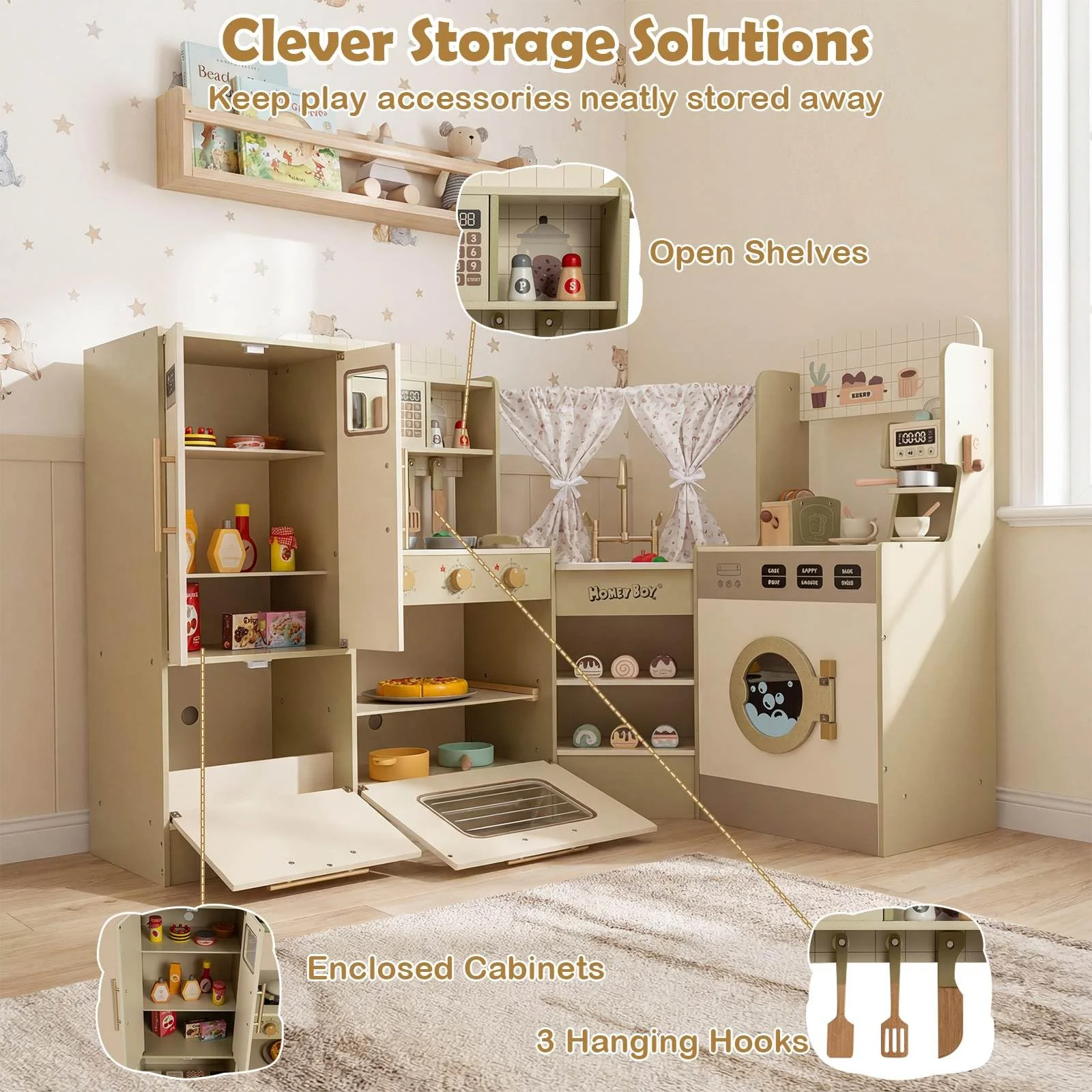 HONEY JOY Kids Corner Play Kitchen, Pretend Play Kitchen Playset - Image 9