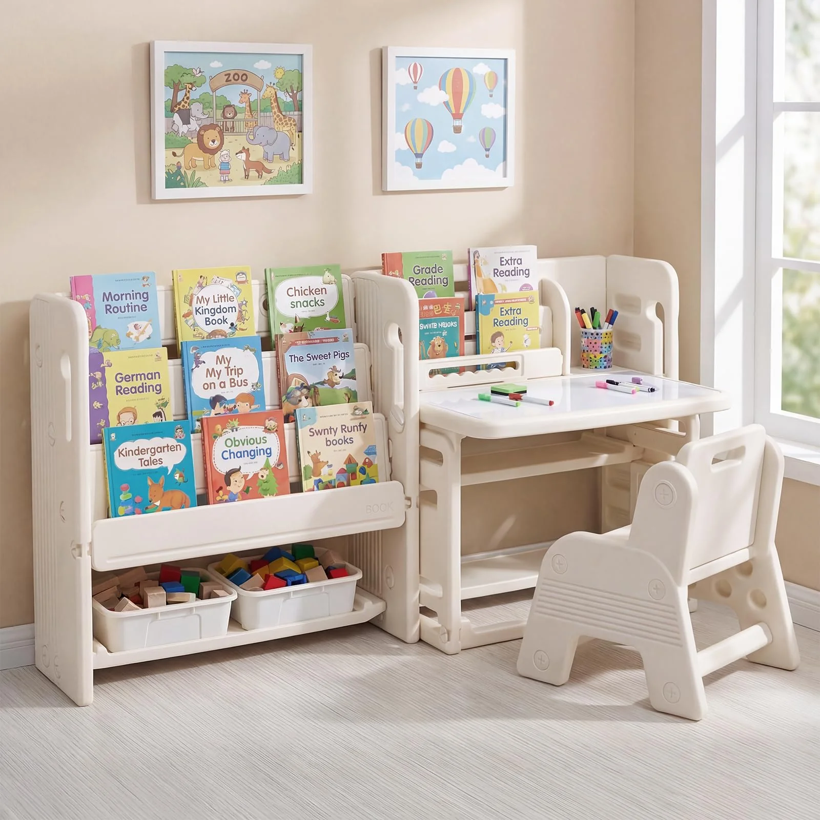HONEY JOY Kids Desk and Chair Set, Children Writing Desk with Side Bookshelves & Storage Baskets