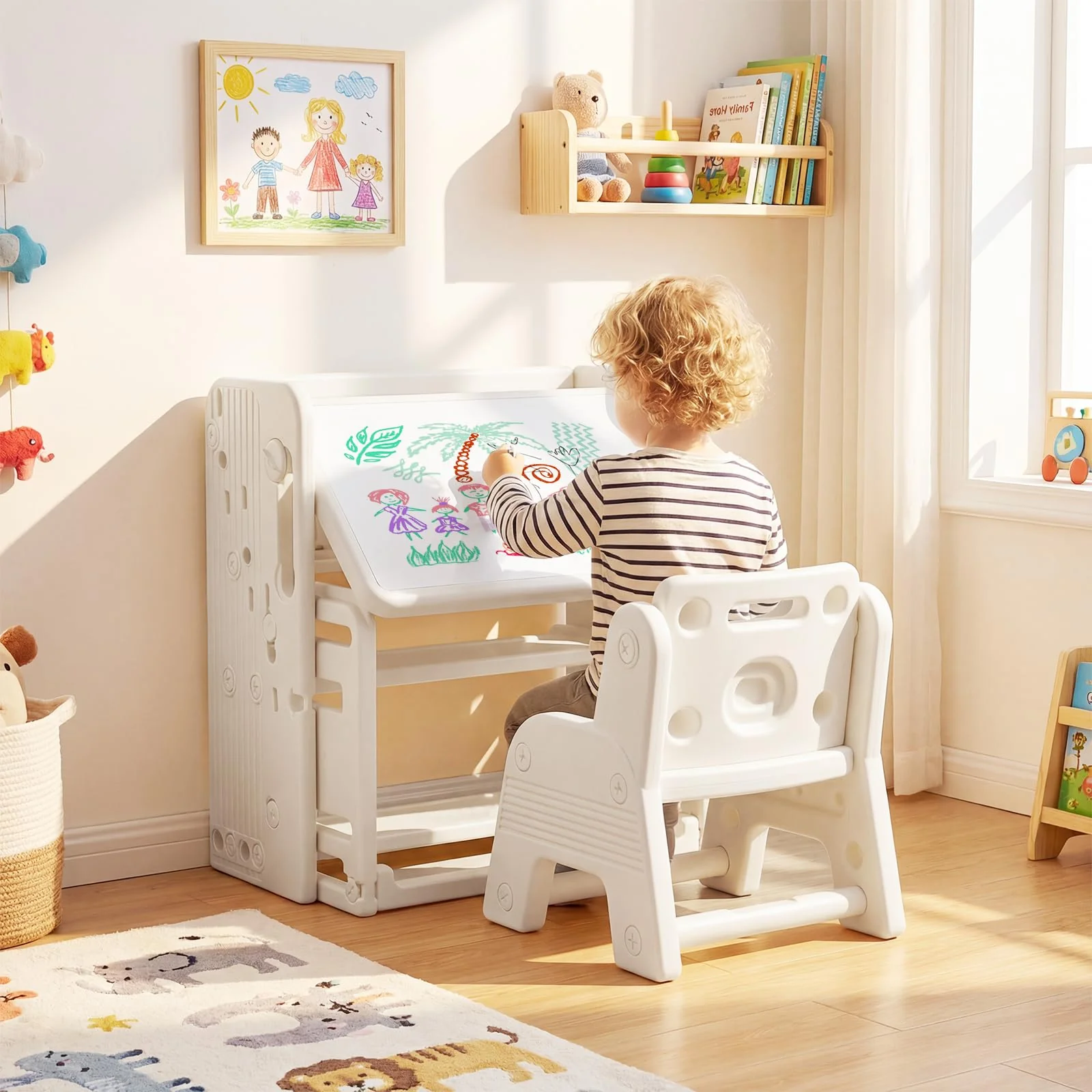HONEY JOY Kids Desk and Chair Set, Children Writing Desk with Side Bookshelves & Storage Baskets - Image 2