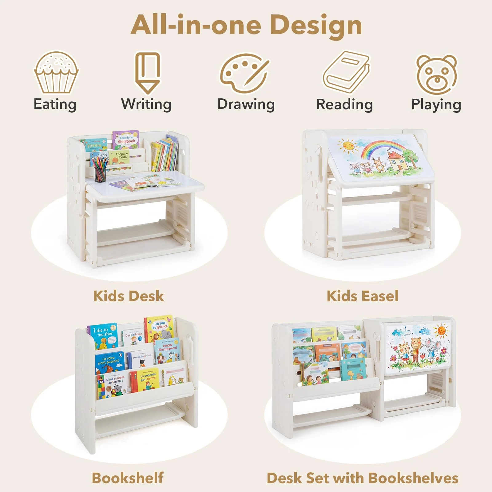 HONEY JOY Kids Desk and Chair Set, Children Writing Desk with Side Bookshelves & Storage Baskets - Image 4