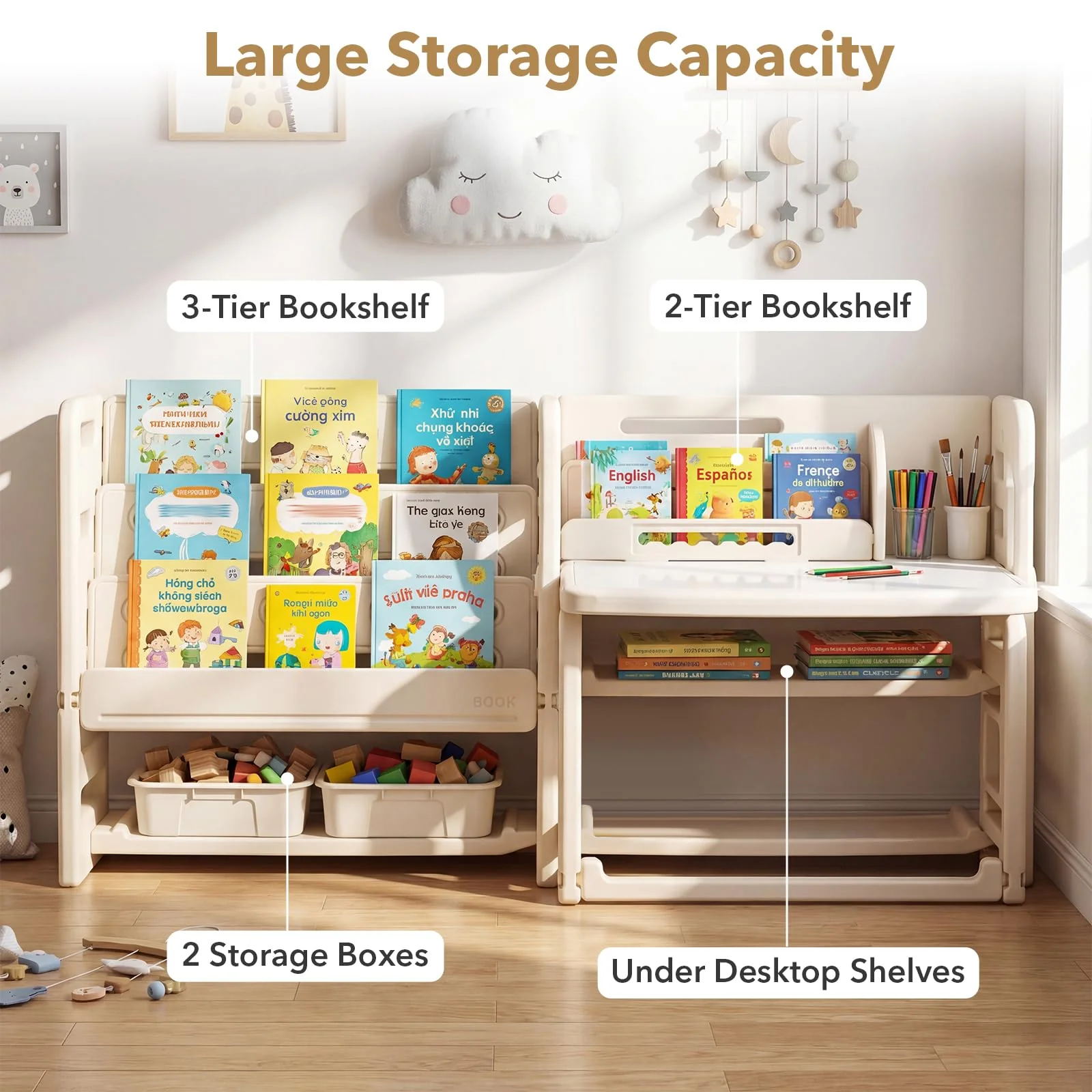 HONEY JOY Kids Desk and Chair Set, Children Writing Desk with Side Bookshelves & Storage Baskets - Image 5