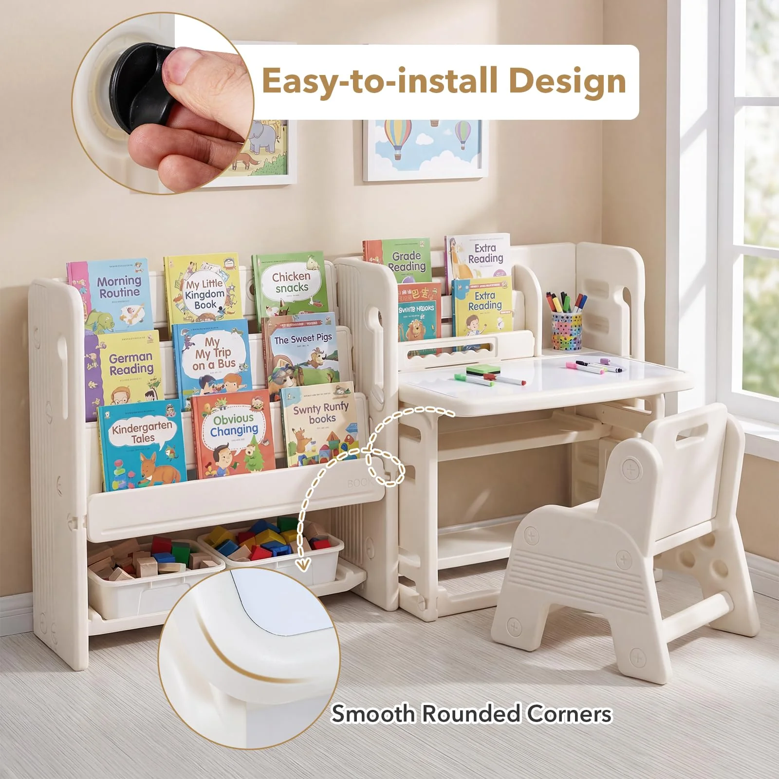 HONEY JOY Kids Desk and Chair Set, Children Writing Desk with Side Bookshelves & Storage Baskets - Image 7