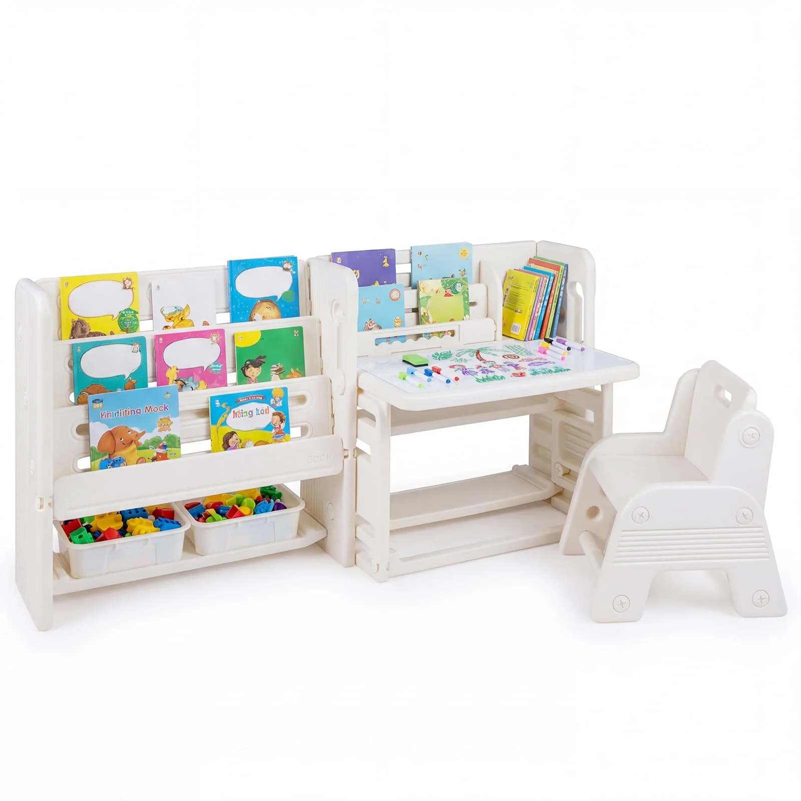 HONEY JOY Kids Desk and Chair Set, Children Writing Desk with Side Bookshelves & Storage Baskets - Image 9