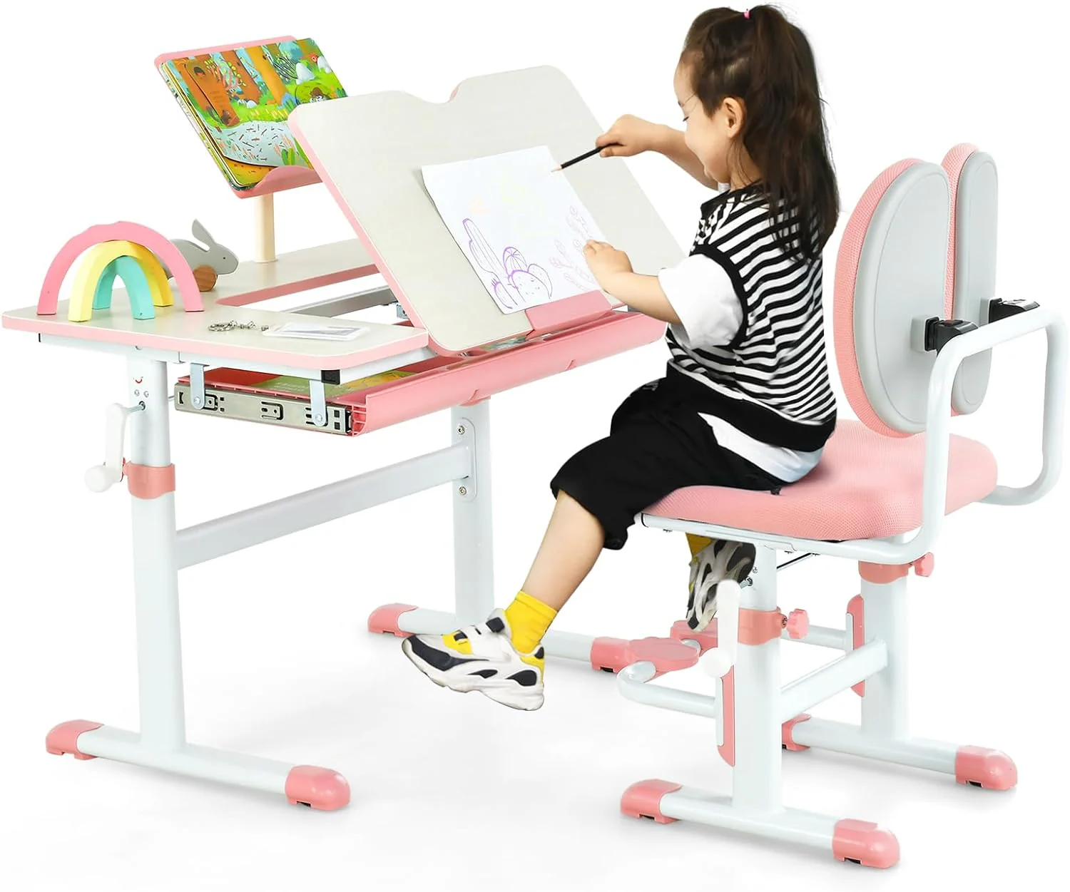 HONEY JOY Kids Desk and Chair Set, Student Study Desk w/Adjustable Height, Tiltable Desktop, Book Stand - Image 10