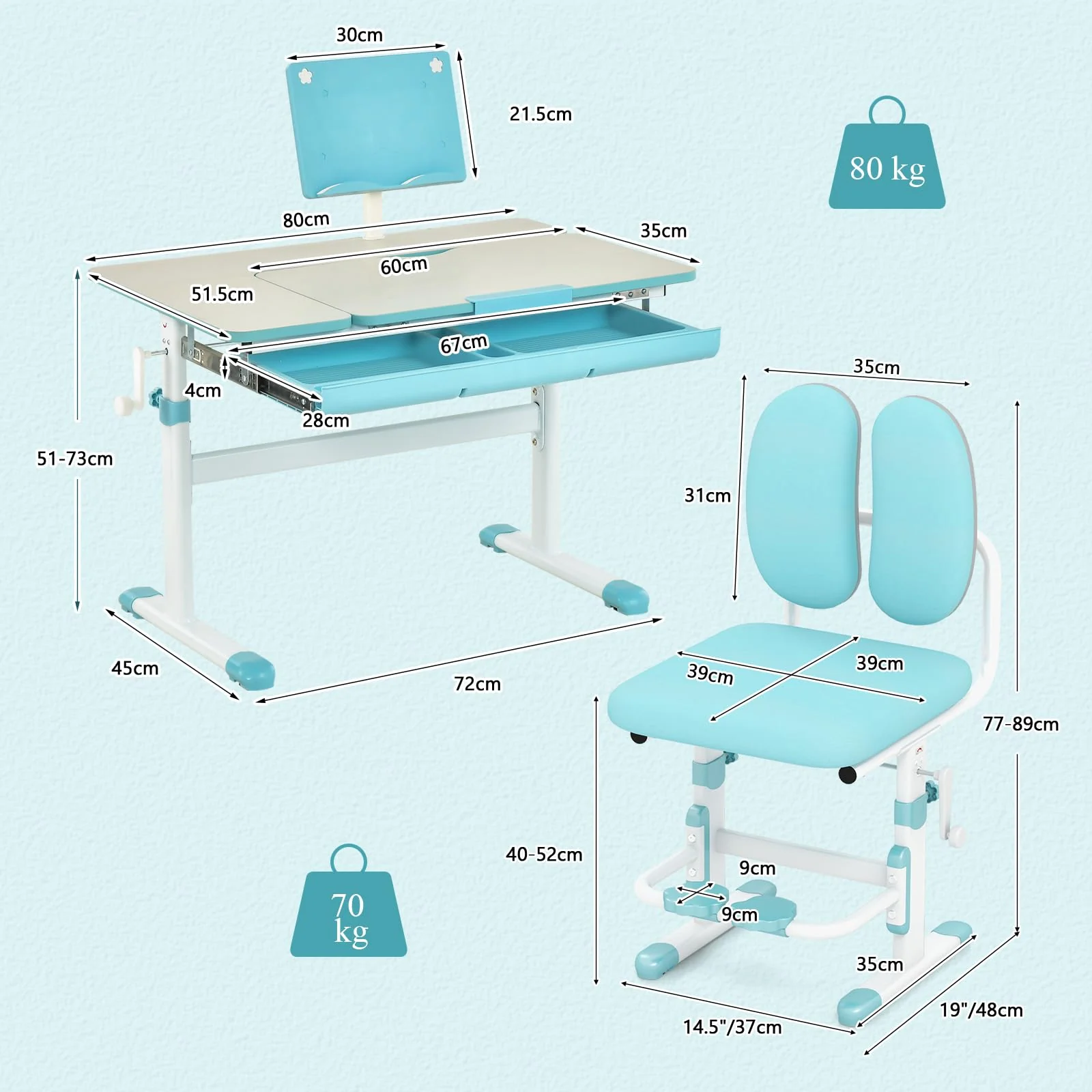HONEY JOY Kids Desk and Chair Set, Student Study Desk w/Adjustable Height, Tiltable Desktop, Book Stand - Image 3