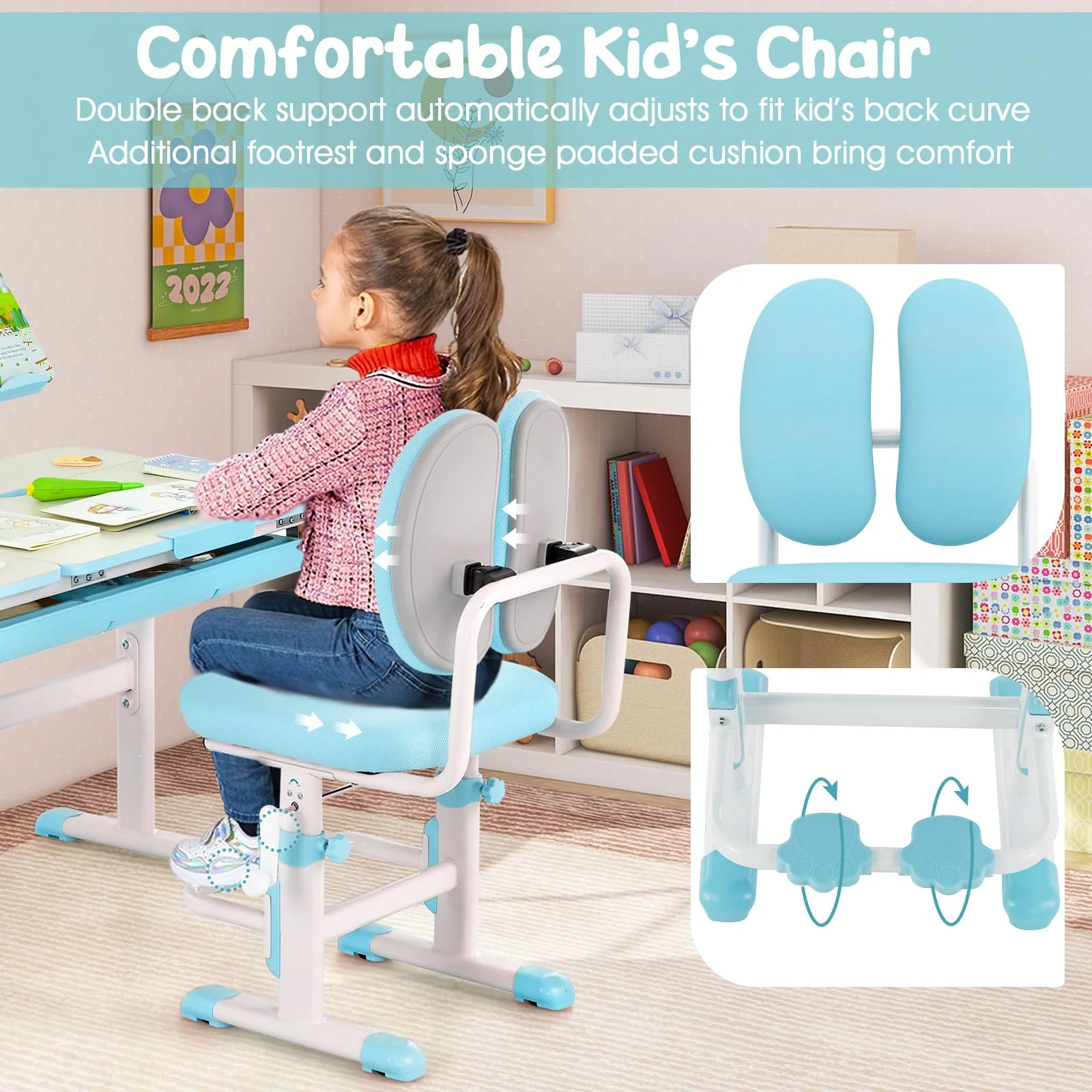 HONEY JOY Kids Desk and Chair Set, Student Study Desk w/Adjustable Height, Tiltable Desktop, Book Stand - Image 6