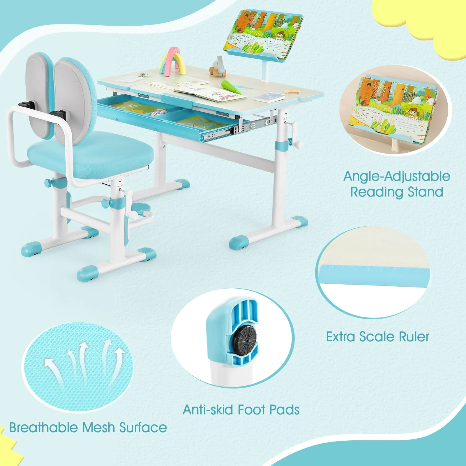 HONEY JOY Kids Desk and Chair Set, Student Study Desk w/Adjustable Height, Tiltable Desktop, Book Stand - Image 8