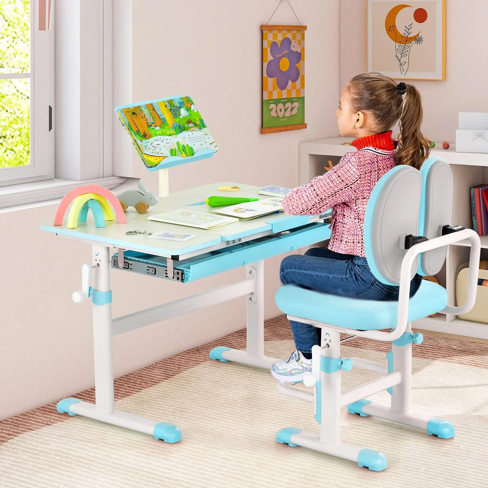 HONEY JOY Kids Desk and Chair Set, Student Study Desk w/Adjustable Height, Tiltable Desktop, Book Stand - Image 9