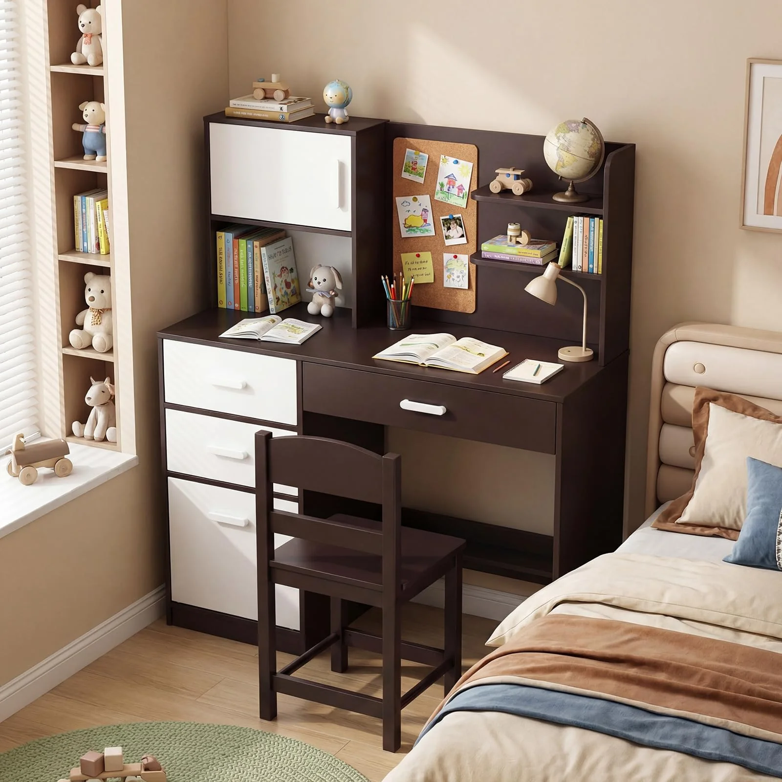 HONEY JOY Kids Desk and Chair Set, Study Table w/Hutch, Bulletin Board