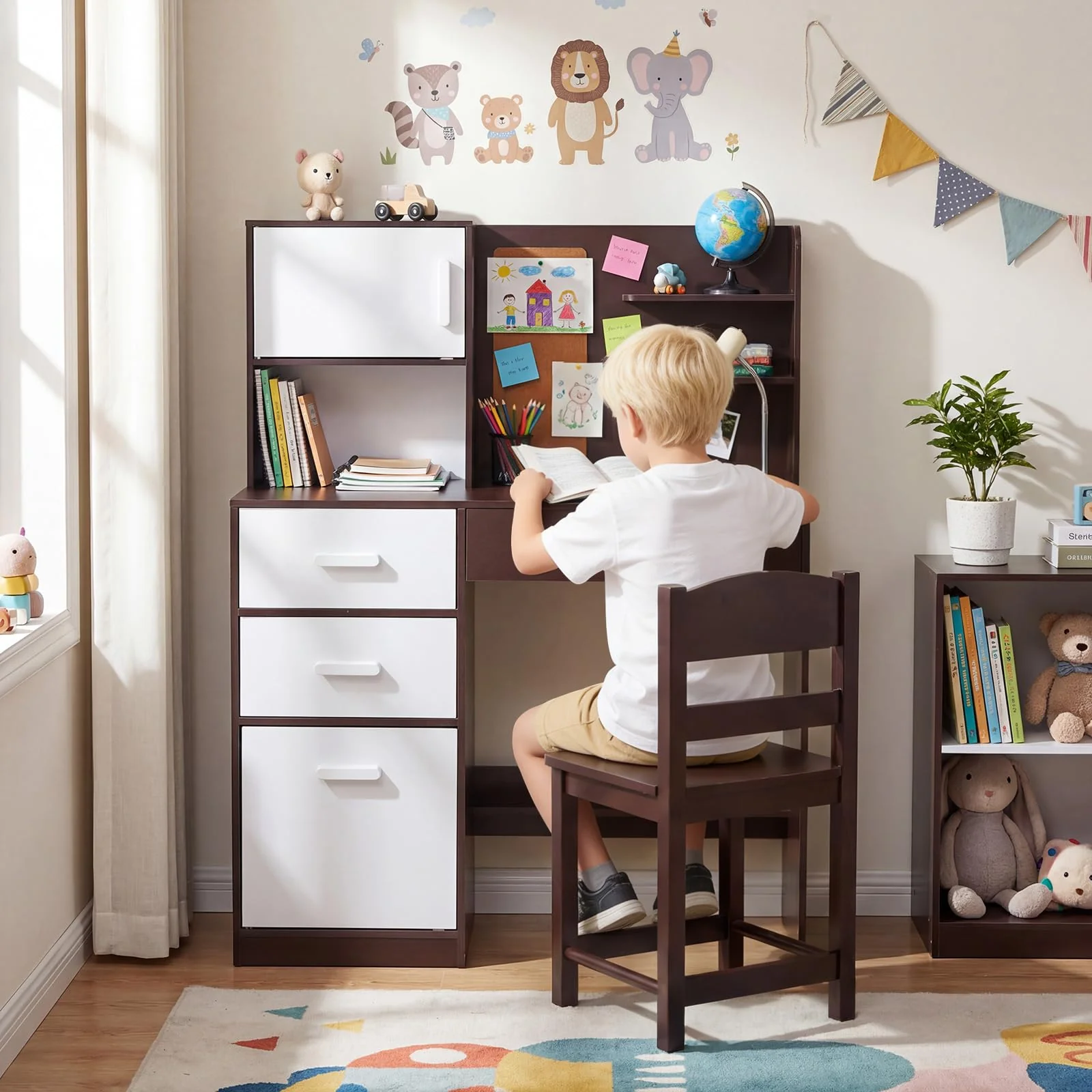 HONEY JOY Kids Desk and Chair Set, Study Table w/Hutch, Bulletin Board - Image 2