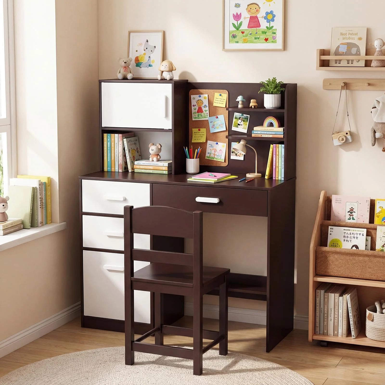 HONEY JOY Kids Desk and Chair Set, Study Table w/Hutch, Bulletin Board - Image 3