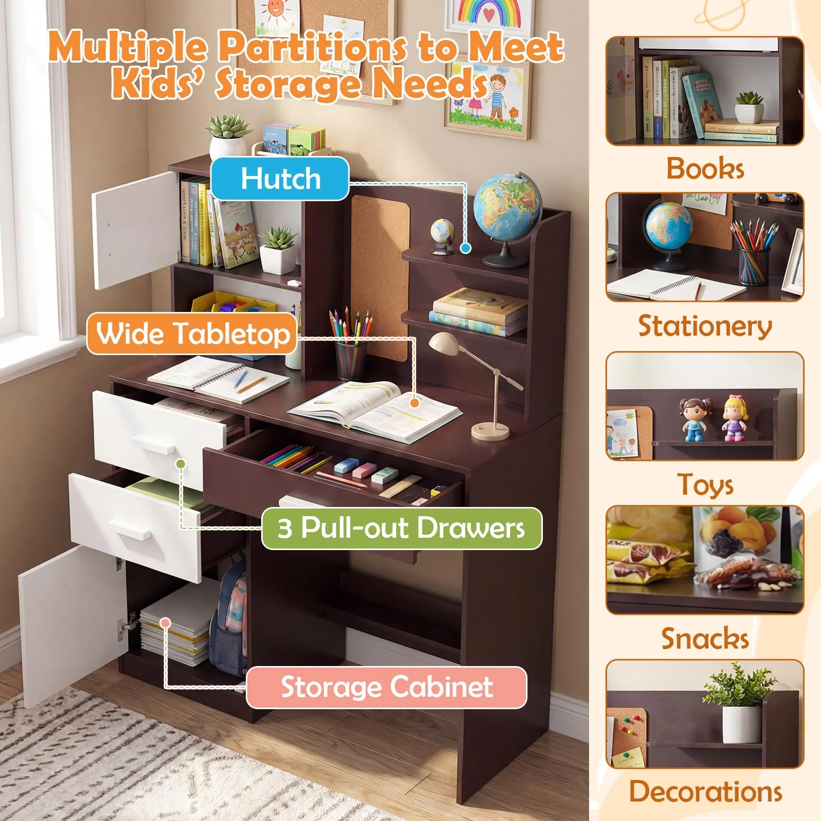HONEY JOY Kids Desk and Chair Set, Study Table w/Hutch, Bulletin Board - Image 4