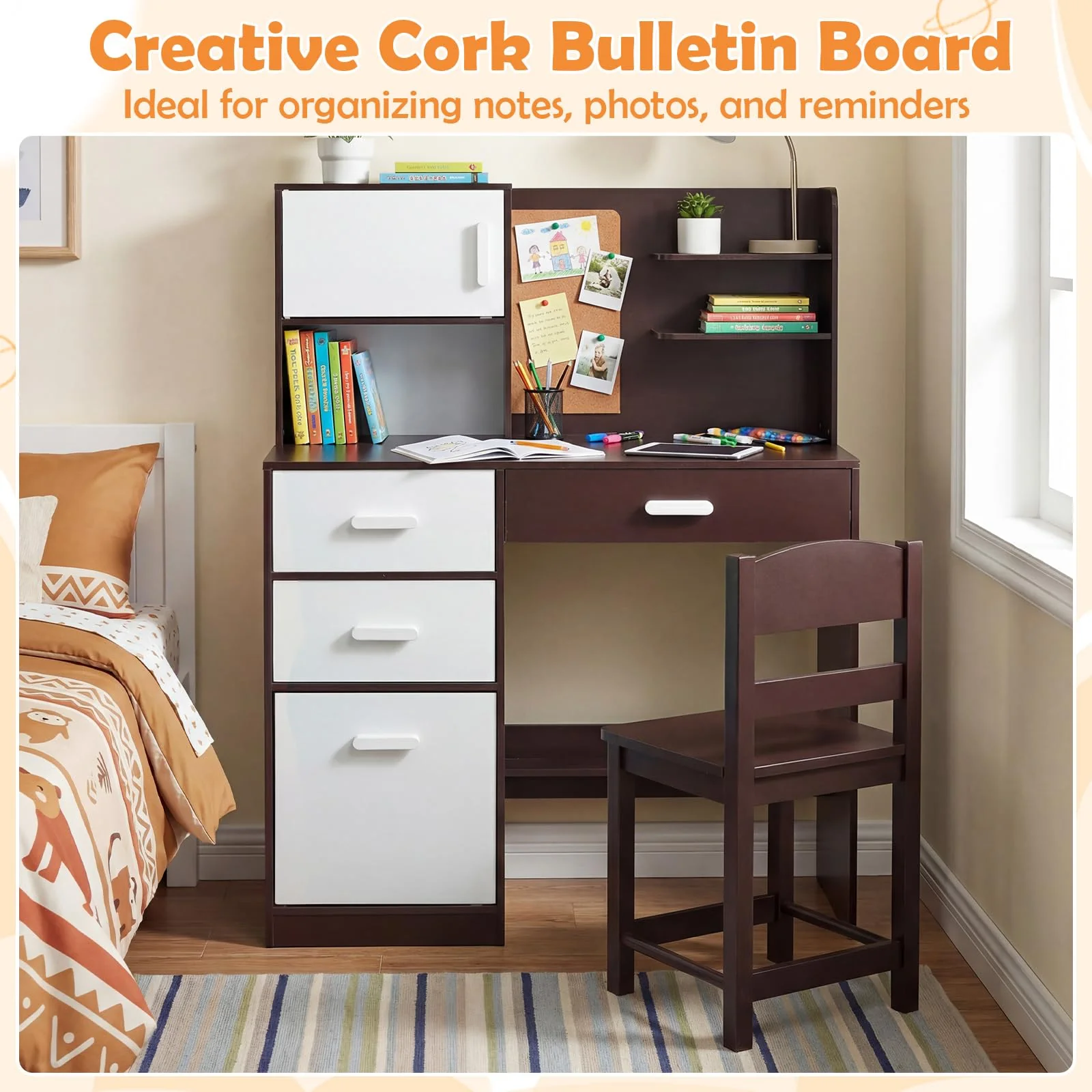 HONEY JOY Kids Desk and Chair Set, Study Table w/Hutch, Bulletin Board - Image 5