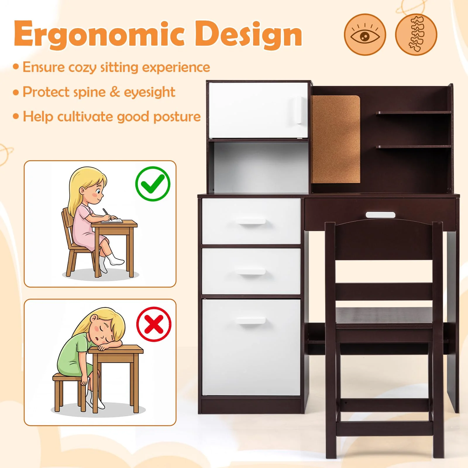 HONEY JOY Kids Desk and Chair Set, Study Table w/Hutch, Bulletin Board - Image 6