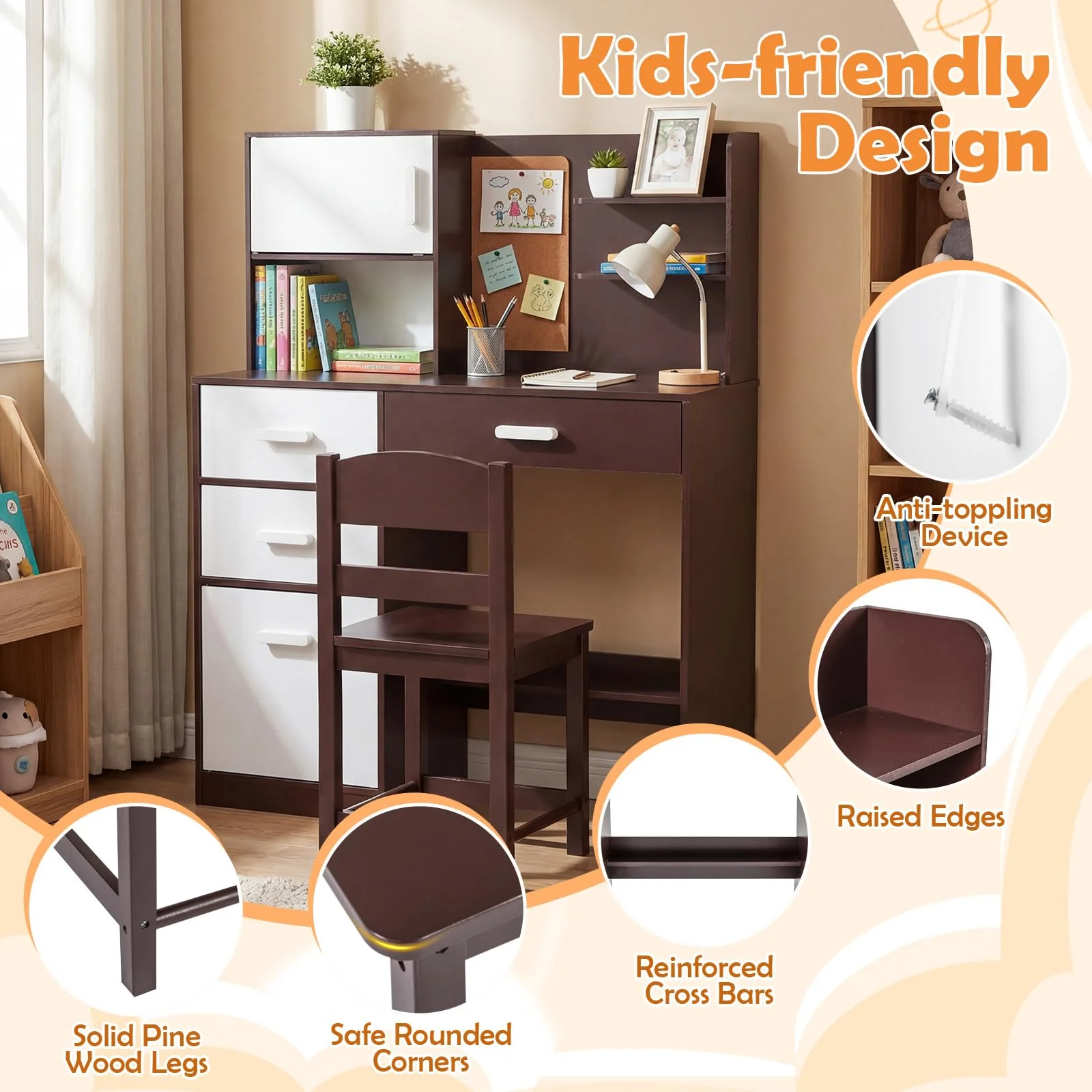 HONEY JOY Kids Desk and Chair Set, Study Table w/Hutch, Bulletin Board - Image 7