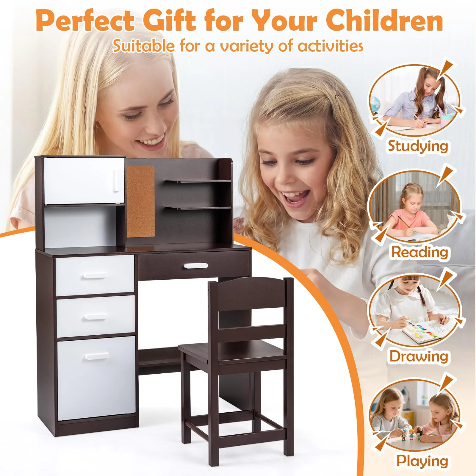 HONEY JOY Kids Desk and Chair Set, Study Table w/Hutch, Bulletin Board - Image 8