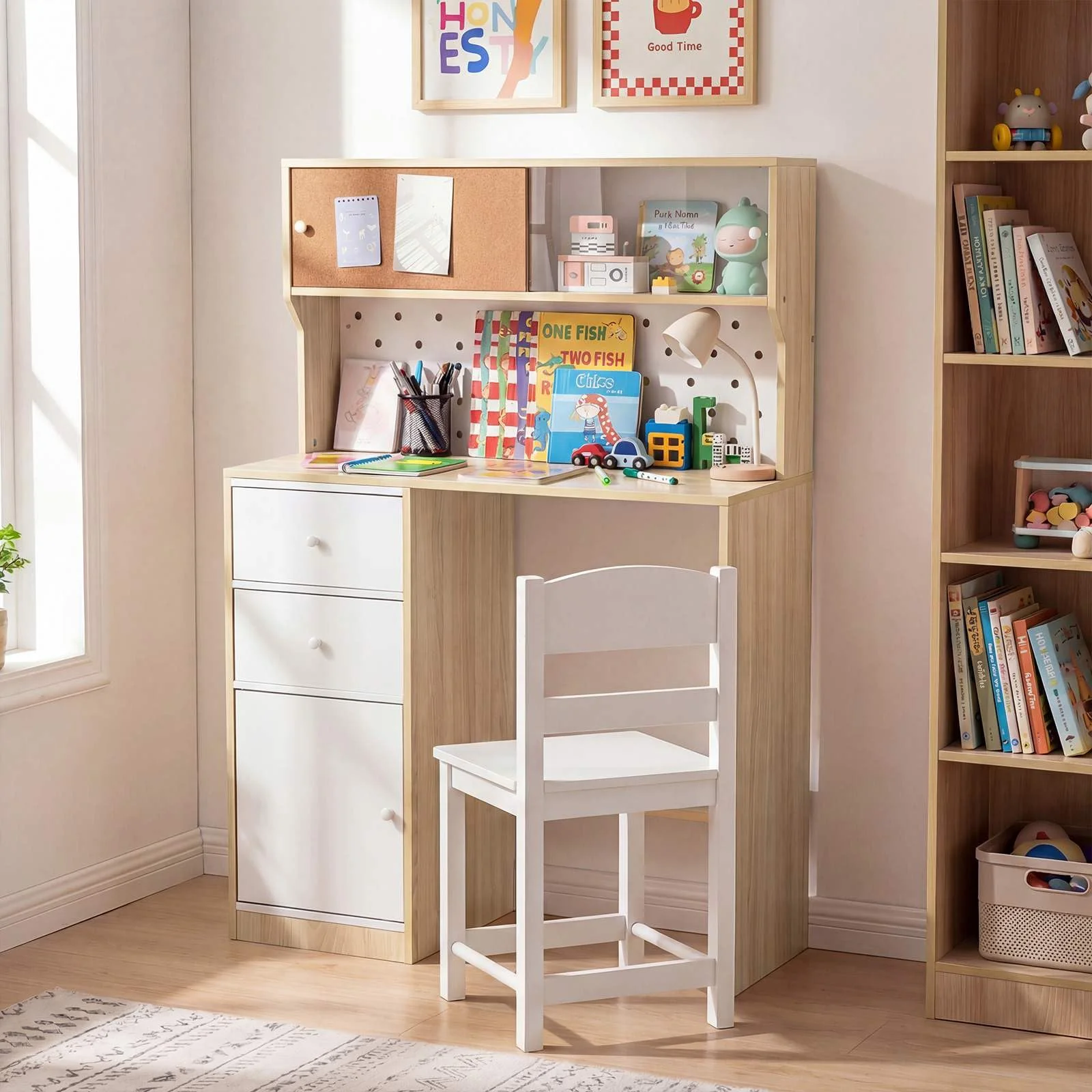 HONEY JOY Kids Desk and Chair Set w/2 Cabinets & 2 Drawers, Pegboard & Cork Bulletin Board