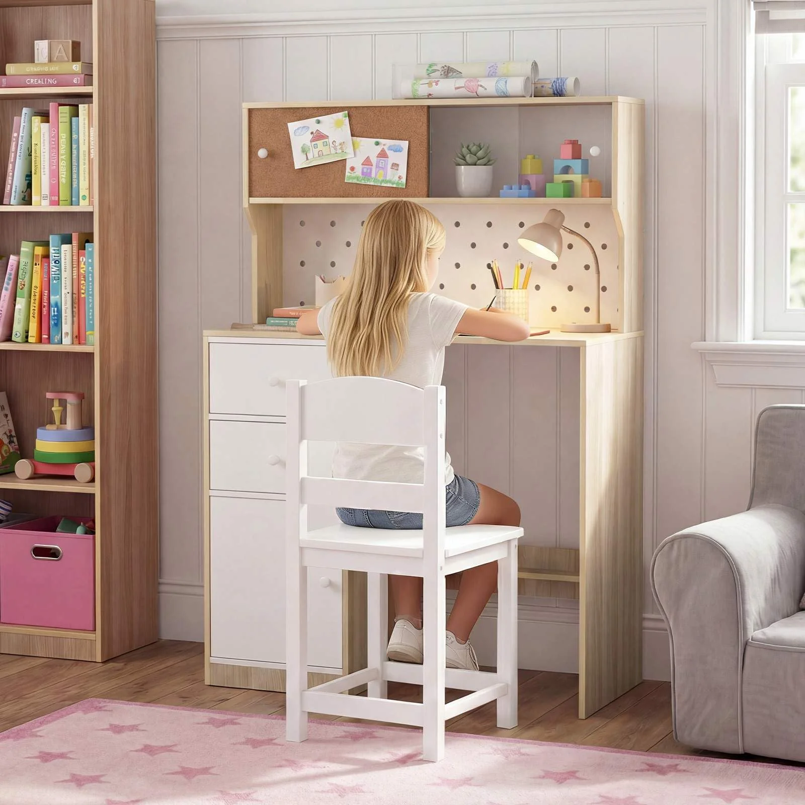 HONEY JOY Kids Desk and Chair Set w/2 Cabinets & 2 Drawers, Pegboard & Cork Bulletin Board - Image 2