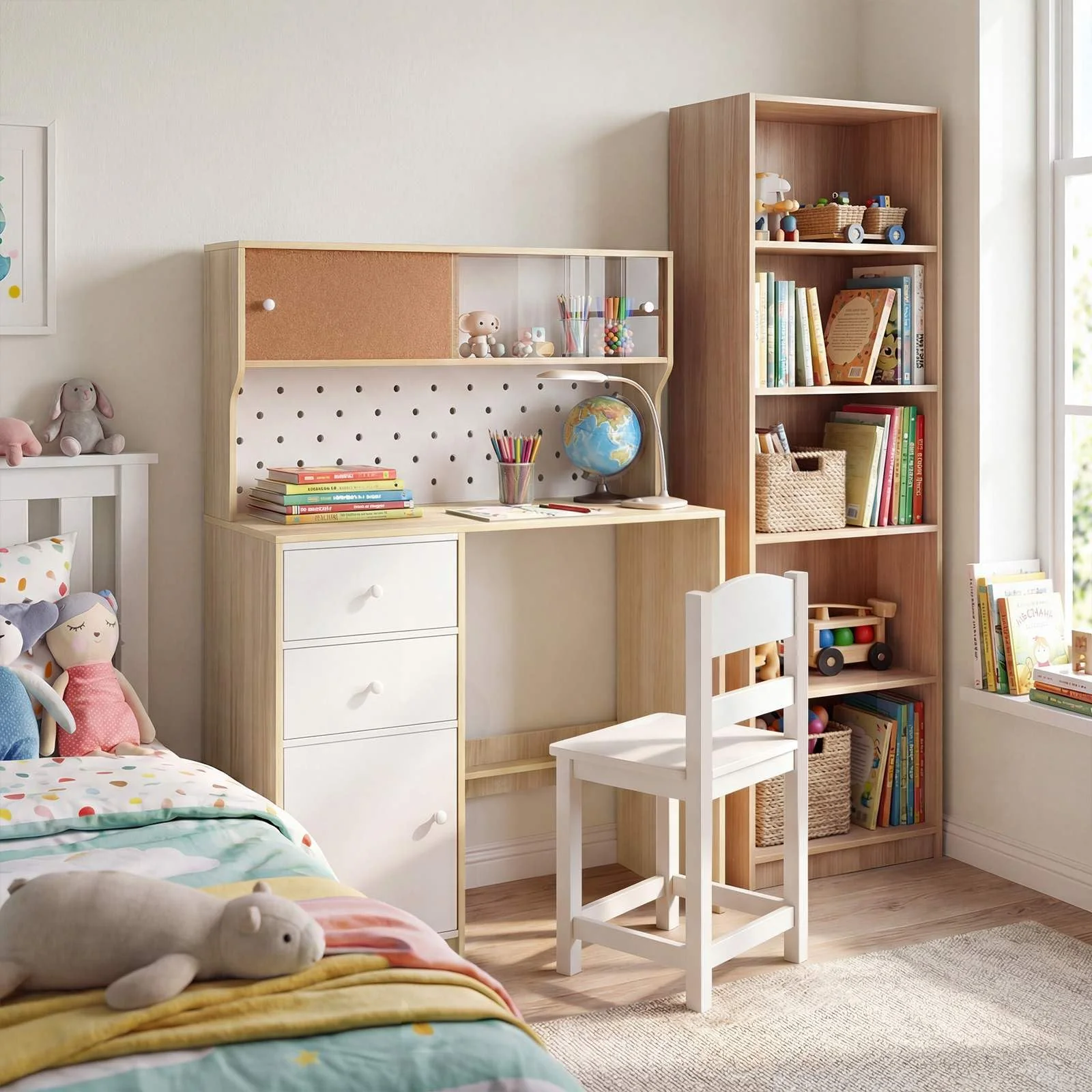 HONEY JOY Kids Desk and Chair Set w/2 Cabinets & 2 Drawers, Pegboard & Cork Bulletin Board - Image 3
