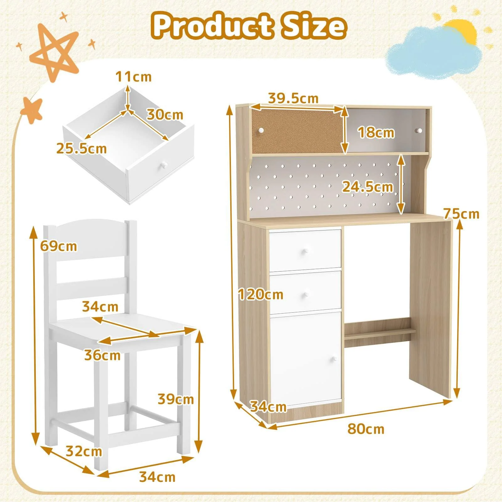 HONEY JOY Kids Desk and Chair Set w/2 Cabinets & 2 Drawers, Pegboard & Cork Bulletin Board - Image 4