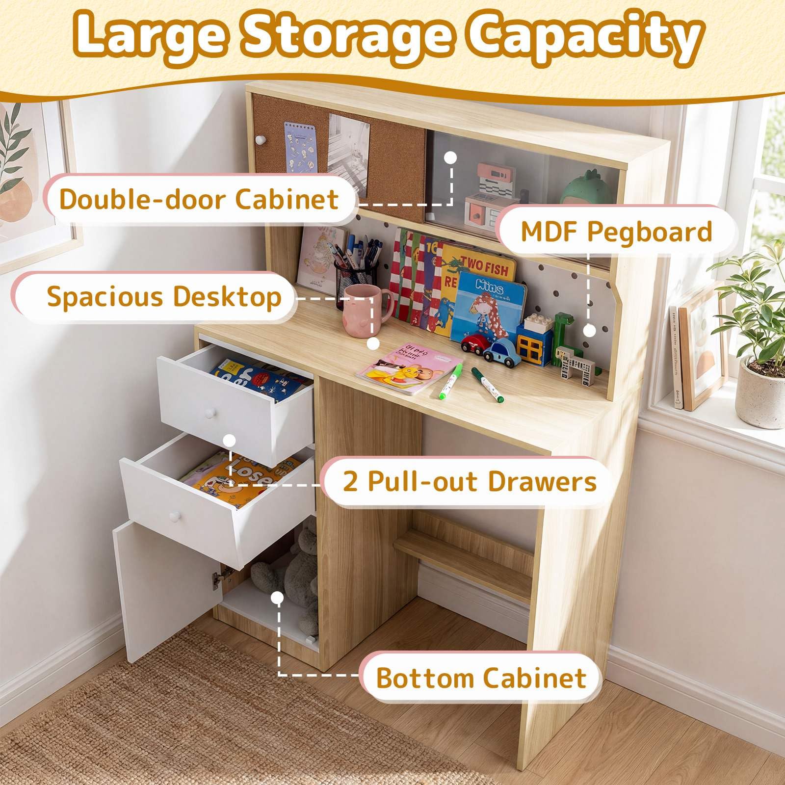 HONEY JOY Kids Desk and Chair Set w/2 Cabinets & 2 Drawers, Pegboard & Cork Bulletin Board - Image 5