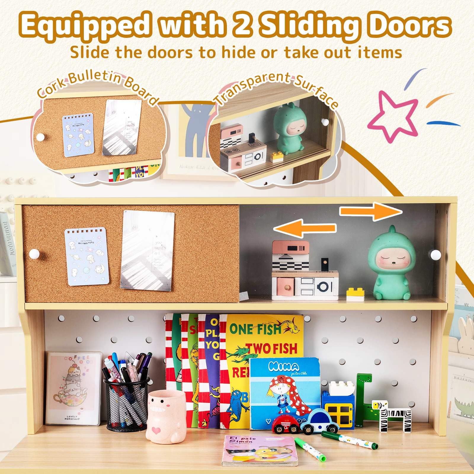 HONEY JOY Kids Desk and Chair Set w/2 Cabinets & 2 Drawers, Pegboard & Cork Bulletin Board - Image 6