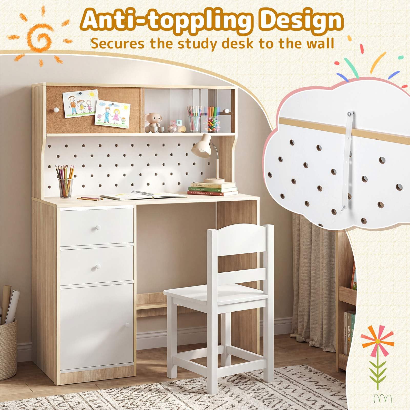 HONEY JOY Kids Desk and Chair Set w/2 Cabinets & 2 Drawers, Pegboard & Cork Bulletin Board - Image 7