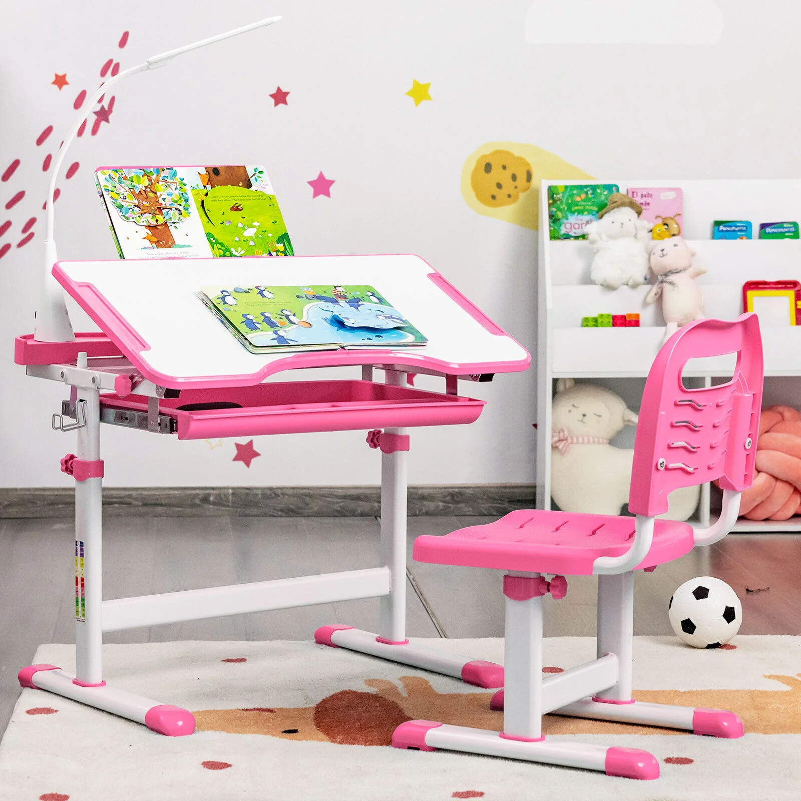 HONEY JOY Kids Desk Chair Set Adjustable Study Table w/Book Stand & LED Light - Image 11