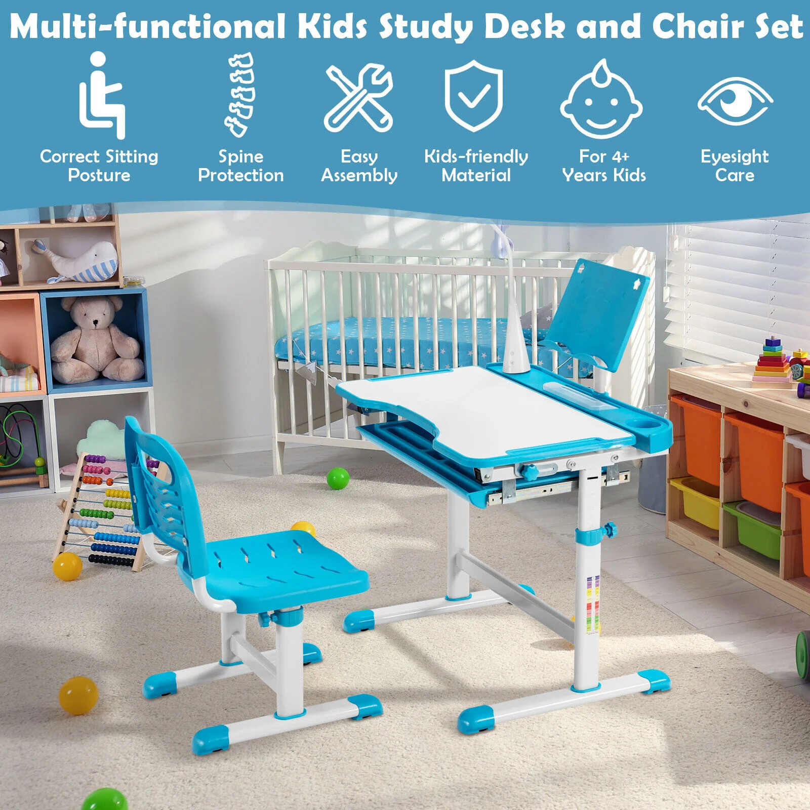 HONEY JOY Kids Desk Chair Set Adjustable Study Table w/Book Stand & LED Light - Image 5