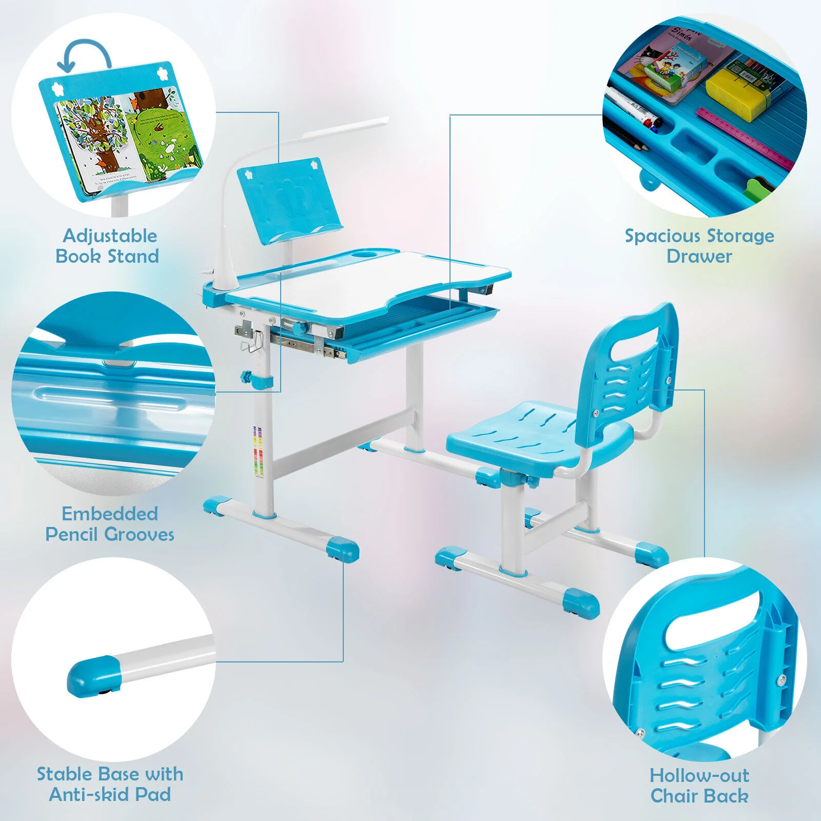 HONEY JOY Kids Desk Chair Set Adjustable Study Table w/Book Stand & LED Light - Image 6