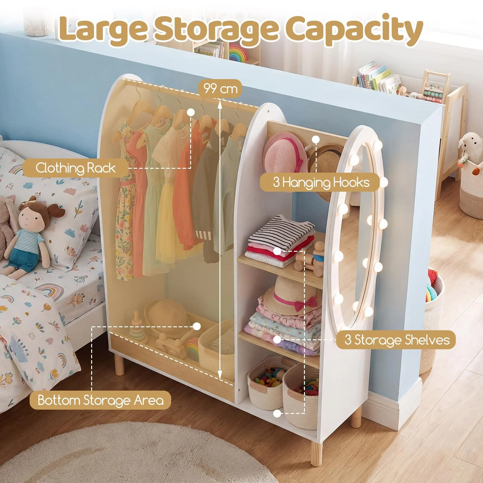 HONEY JOY Kids Dress Up Storage with Mirror and Lights - Image 5