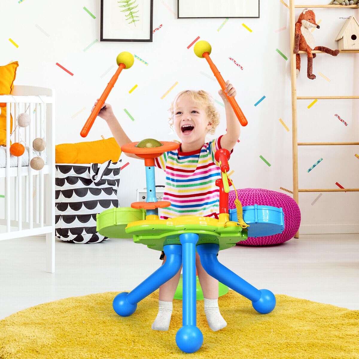HONEY JOY Kids Drum Set 2-in-1 Electronic Rock Band Musical Drum with Microphone and Chair - Image 3
