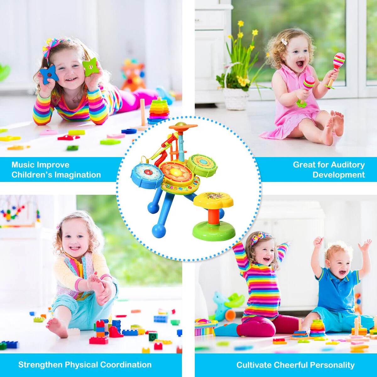 HONEY JOY Kids Drum Set 2-in-1 Electronic Rock Band Musical Drum with Microphone and Chair - Image 5