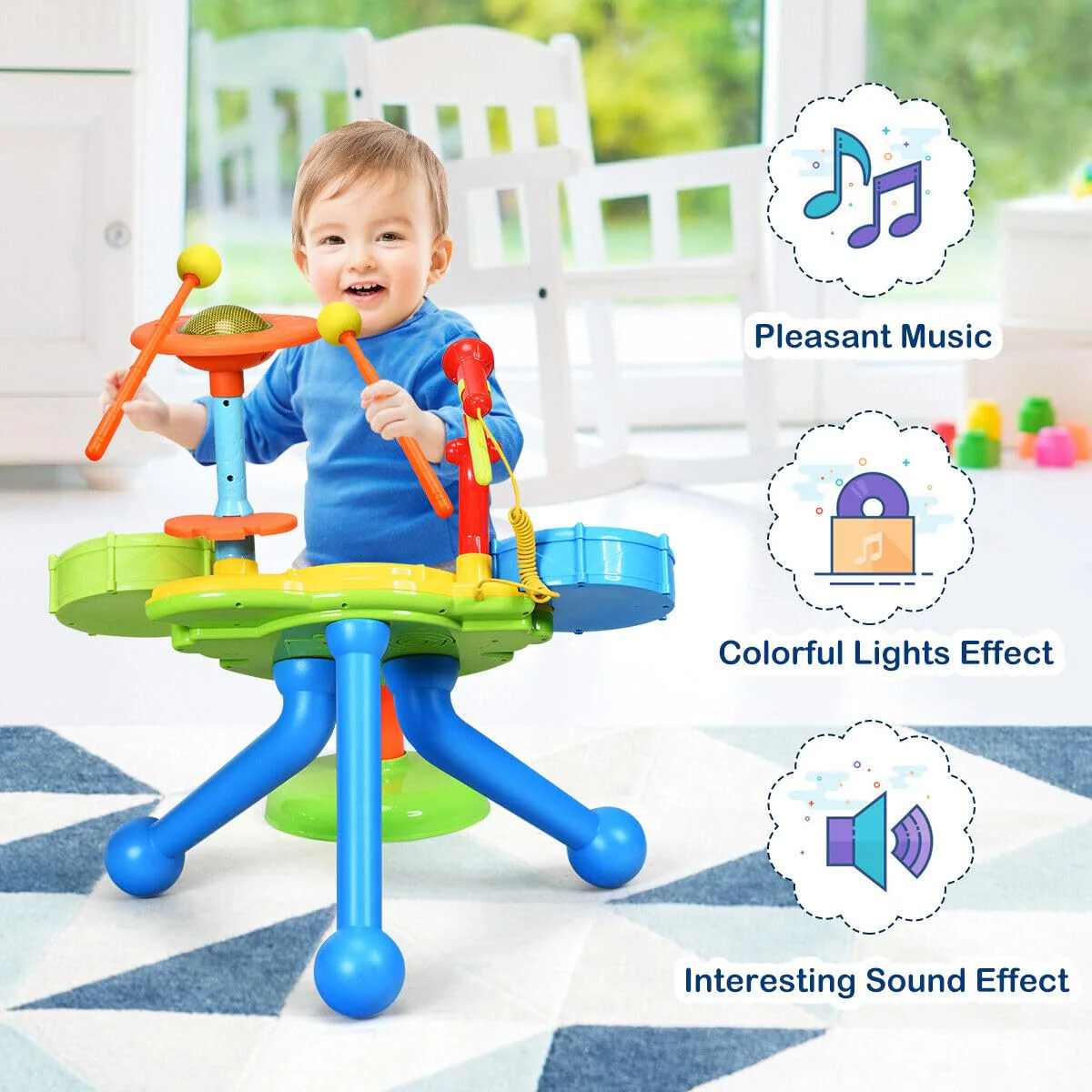 HONEY JOY Kids Drum Set 2-in-1 Electronic Rock Band Musical Drum with Microphone and Chair - Image 6