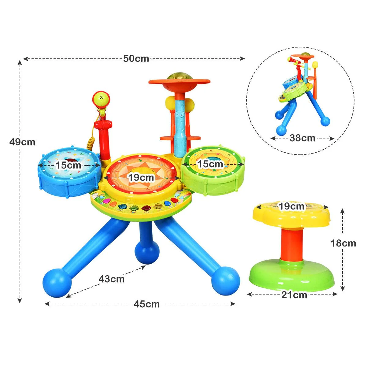 HONEY JOY Kids Drum Set 2-in-1 Electronic Rock Band Musical Drum with Microphone and Chair - Image 9