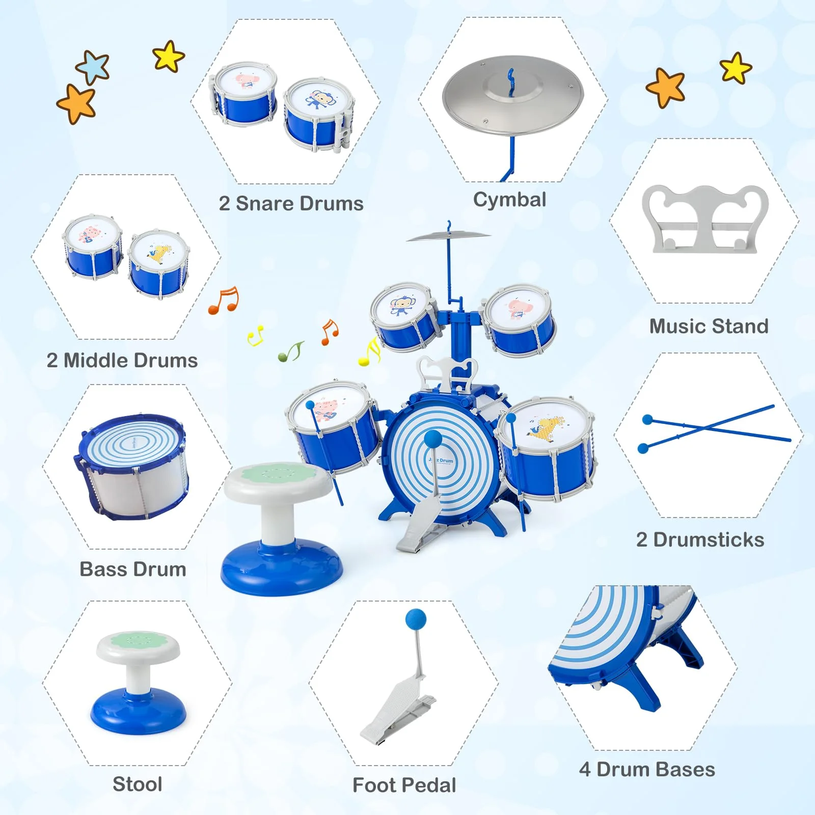 HONEY JOY Kids Drum Set Jazz Drum Kit with Bass Drum, 2 Middle Drums, 2 Snare Drums - Image 6