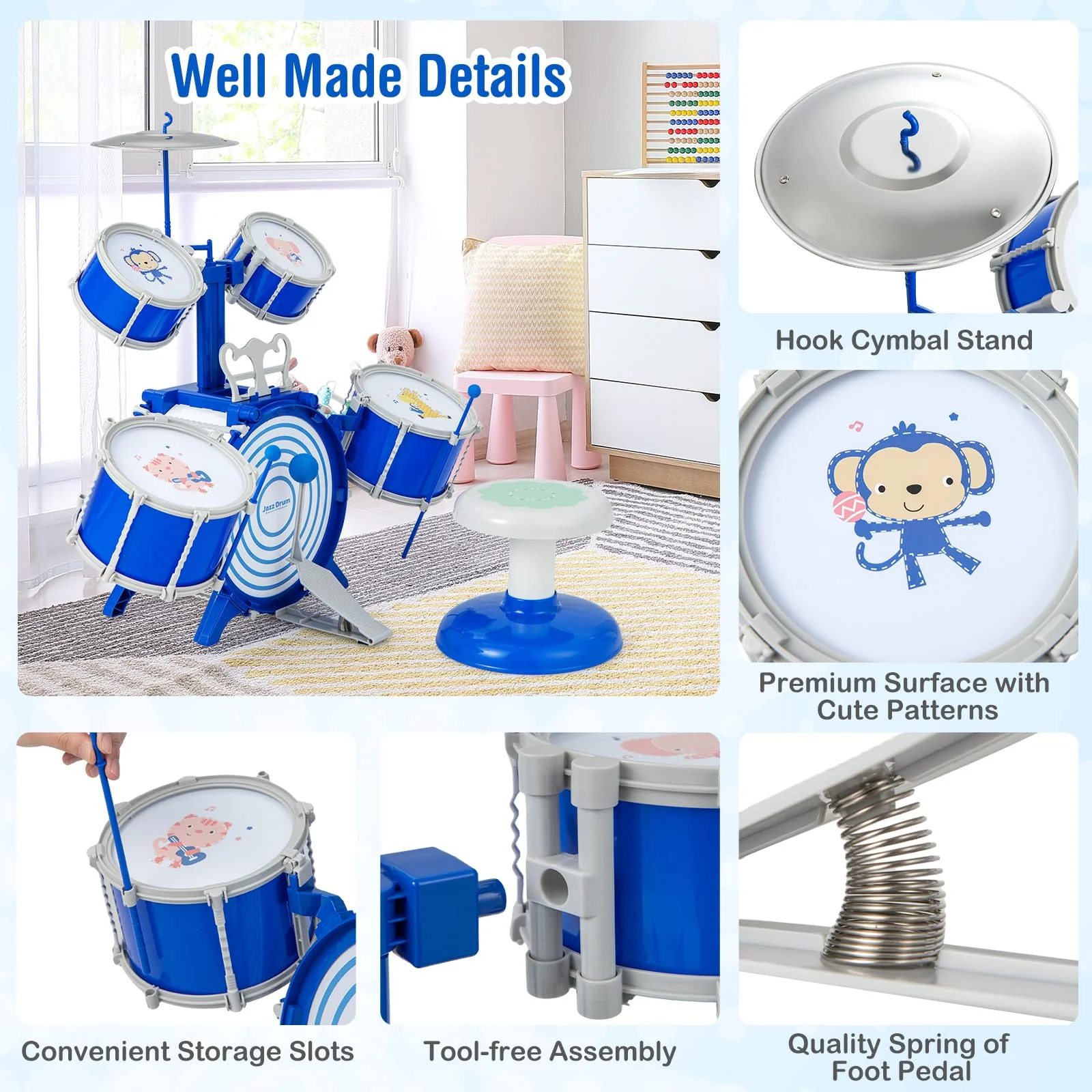 HONEY JOY Kids Drum Set Jazz Drum Kit with Bass Drum, 2 Middle Drums, 2 Snare Drums - Image 7