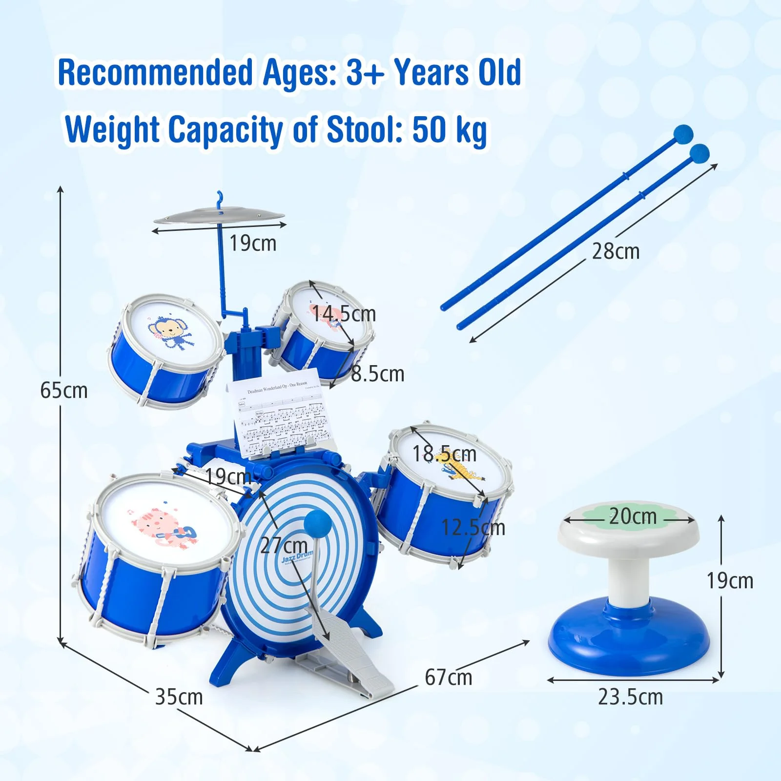 HONEY JOY Kids Drum Set Jazz Drum Kit with Bass Drum, 2 Middle Drums, 2 Snare Drums - Image 8