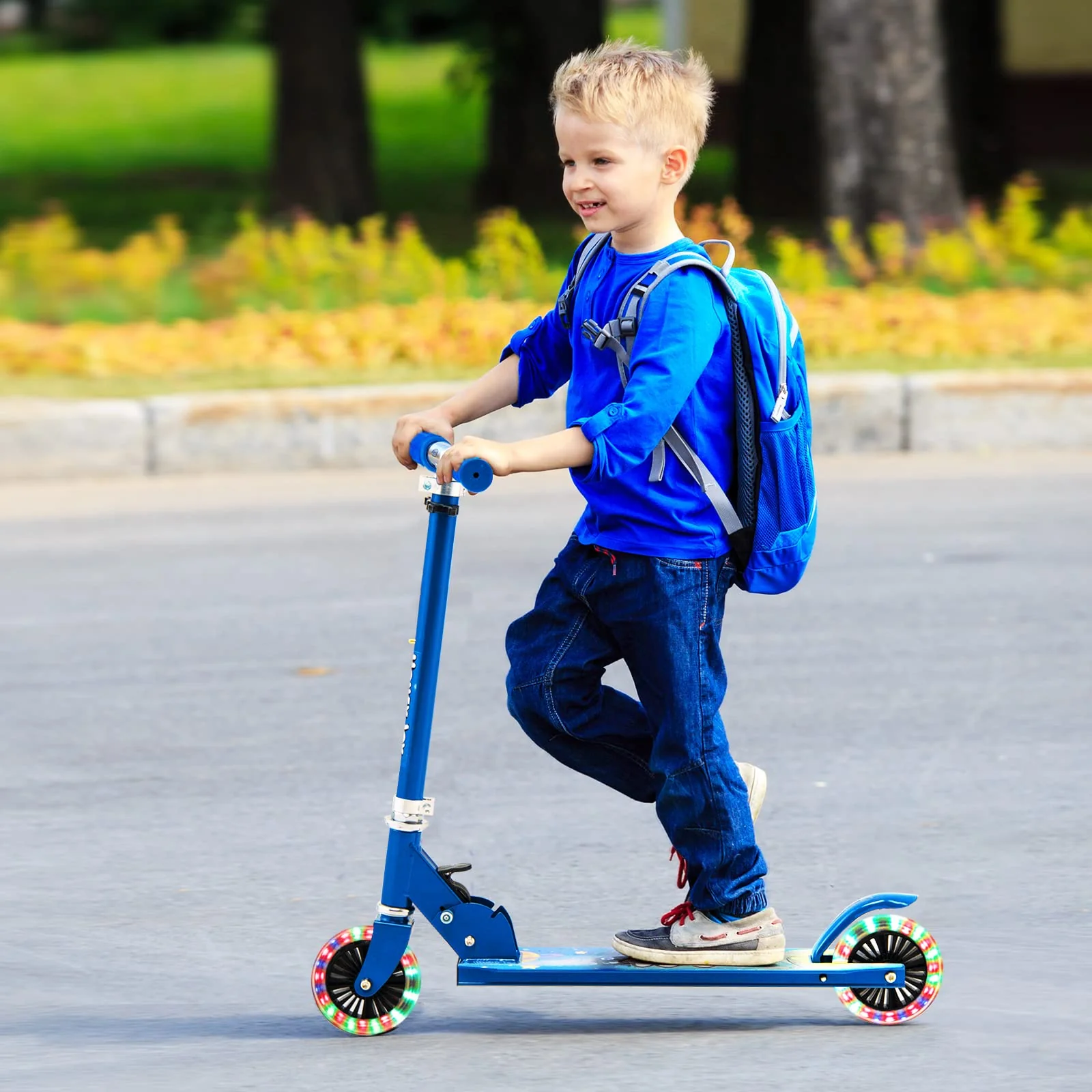 HONEY JOY Kids Folding Kick Scooter, Scooter for Toddlers w/3 Adjustable Heights, 2 Light Up Flashing Wheels & Rear Brake System - Image 11