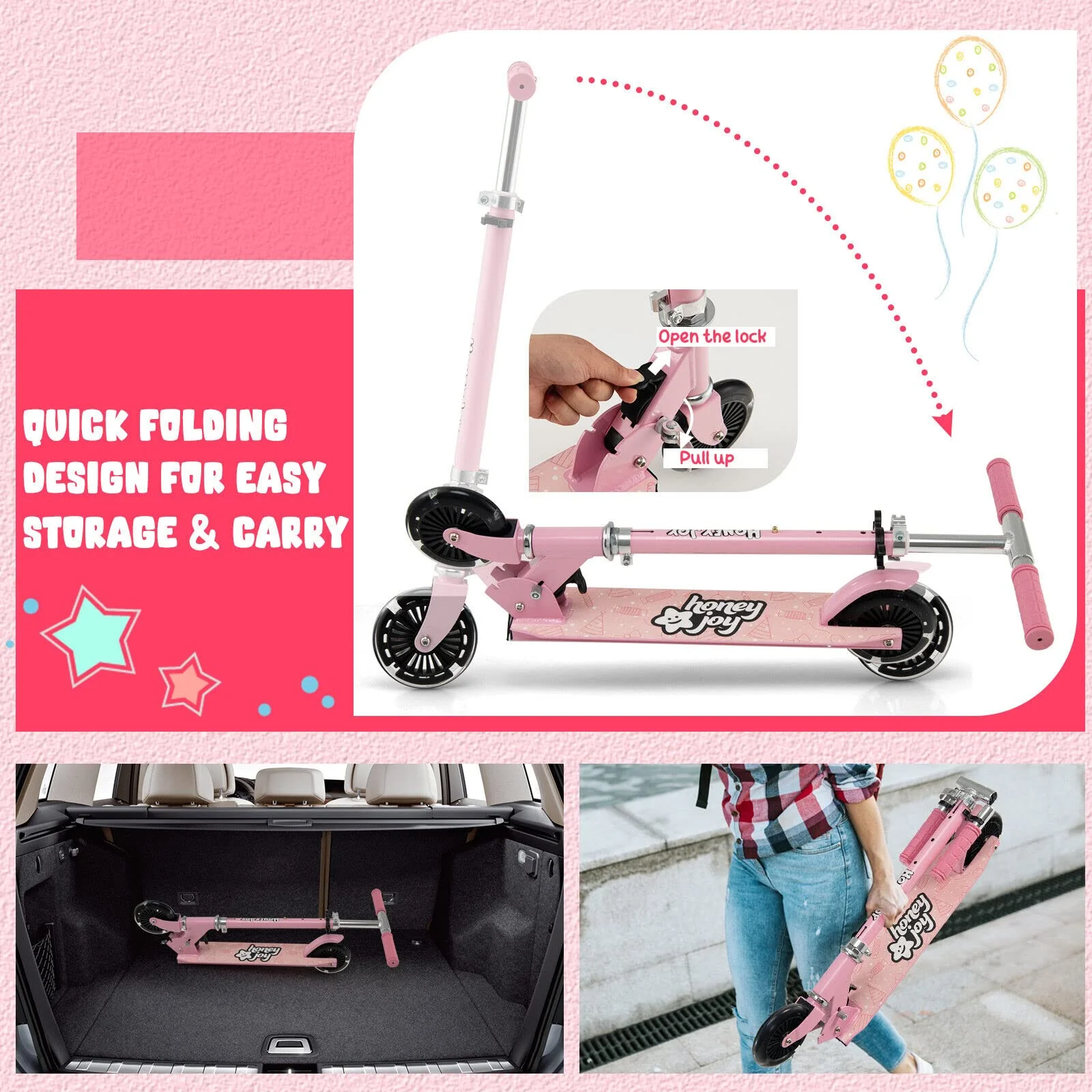 HONEY JOY Kids Folding Kick Scooter, Scooter for Toddlers w/3 Adjustable Heights, 2 Light Up Flashing Wheels & Rear Brake System - Image 5
