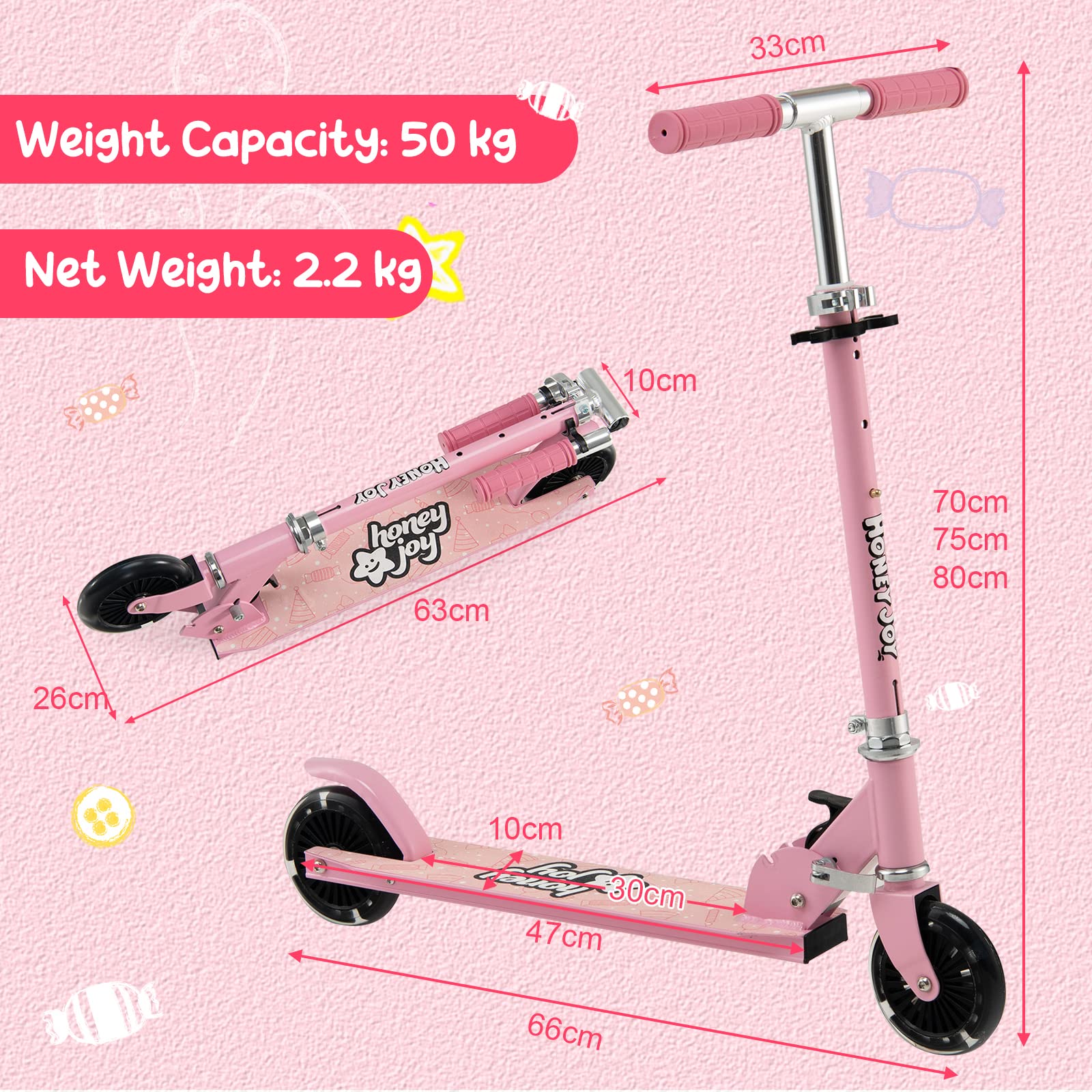 HONEY JOY Kids Folding Kick Scooter, Scooter for Toddlers w/3 Adjustable Heights, 2 Light Up Flashing Wheels & Rear Brake System - Image 6