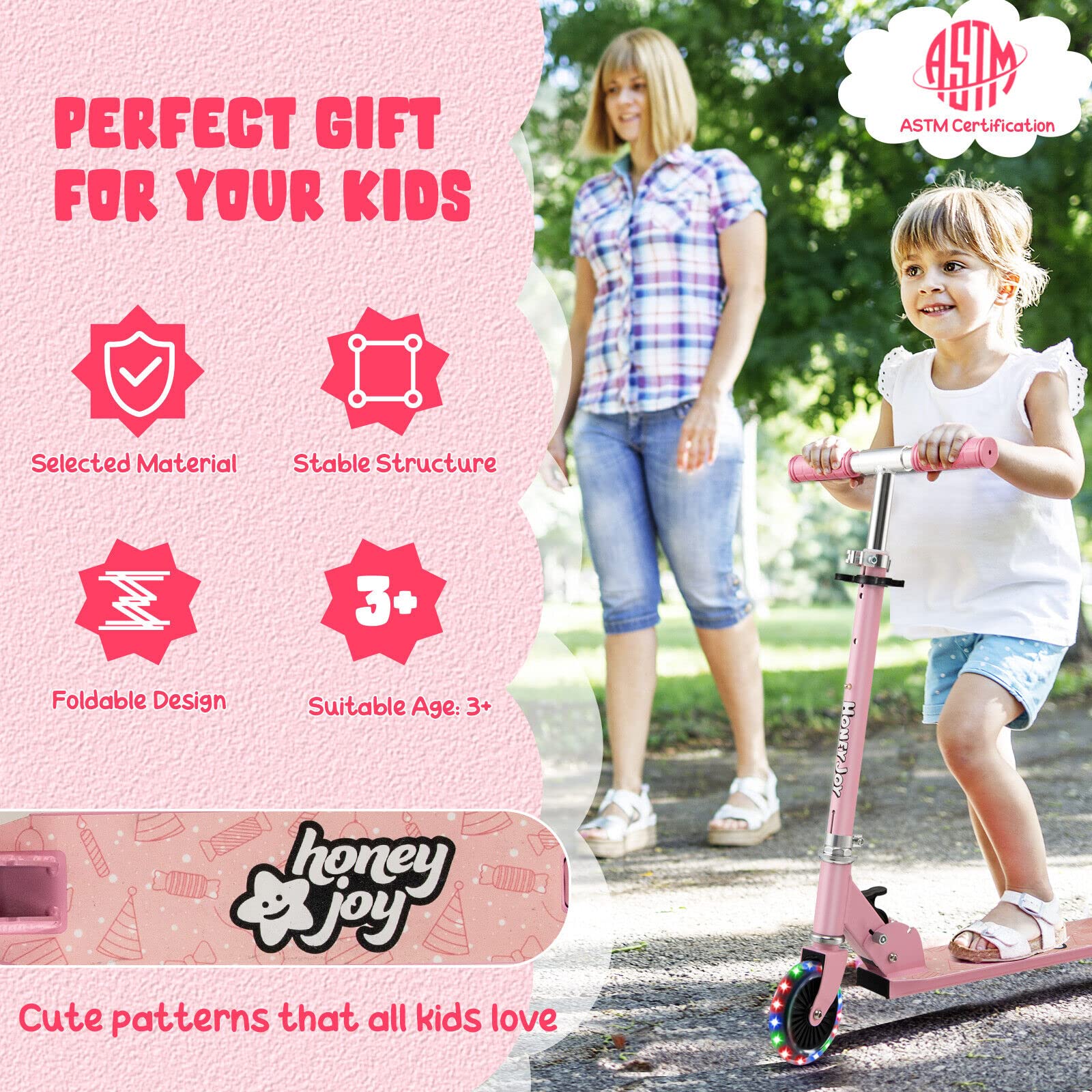 HONEY JOY Kids Folding Kick Scooter, Scooter for Toddlers w/3 Adjustable Heights, 2 Light Up Flashing Wheels & Rear Brake System - Image 7