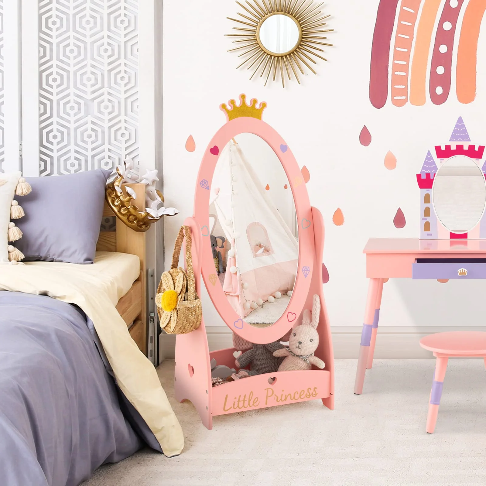 HONEY JOY Kids Full Length Mirror, Princess Floor Free Standing Mirror w/Storage Shelf - Image 2